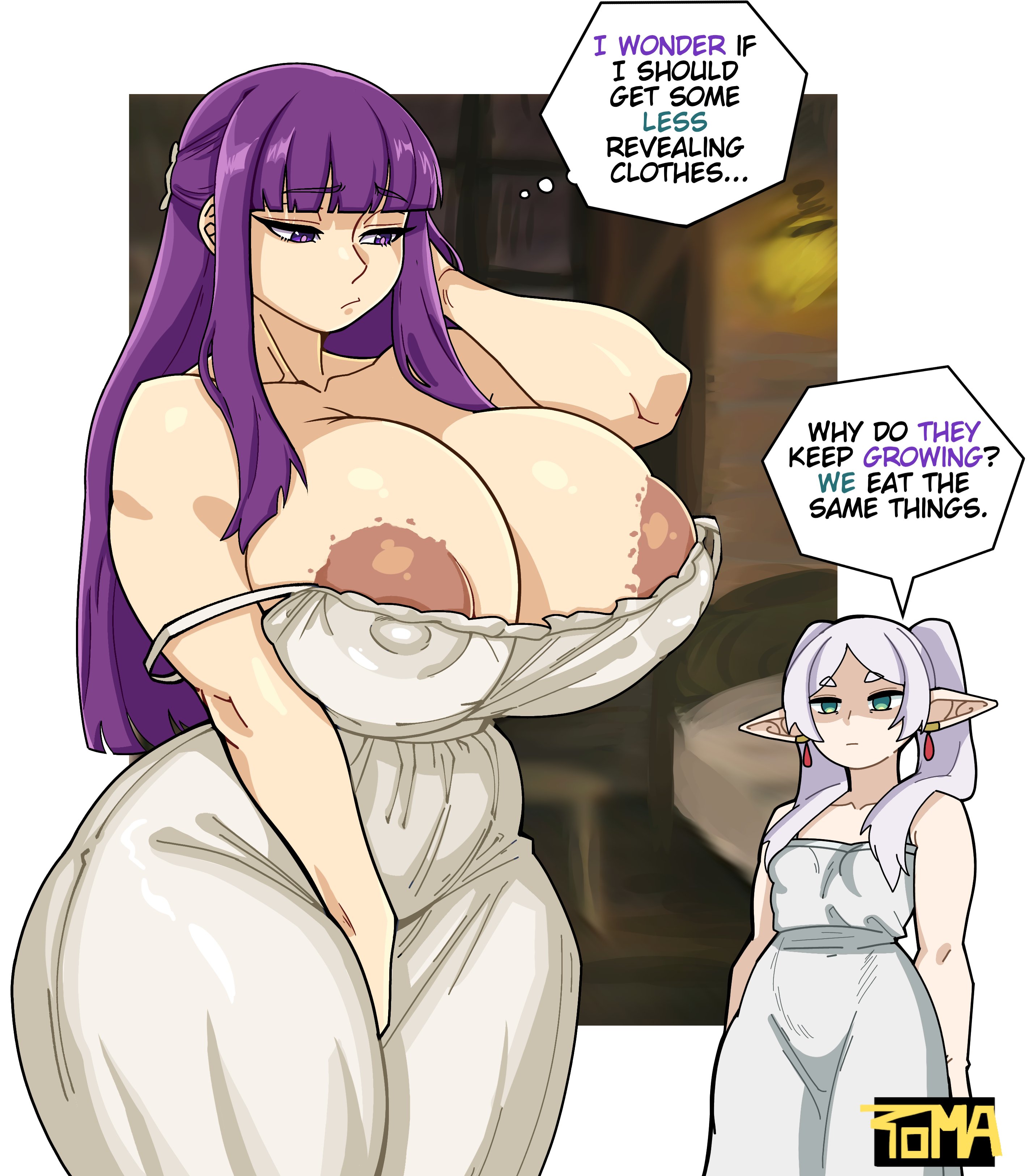 2girls, areolae, artist request, bare shoulders, blunt bangs, breasts, camisole, collarbone, cut bangs, elf, female, fern (sousou no frieren), frieren, green eyes, hanging breasts, highres, large breasts, long hair, looking down, nipples, parted bangs, pointy ears, purple eyes, purple hair, sidelocks, sousou no frieren, straight hair, white camisole, white hair