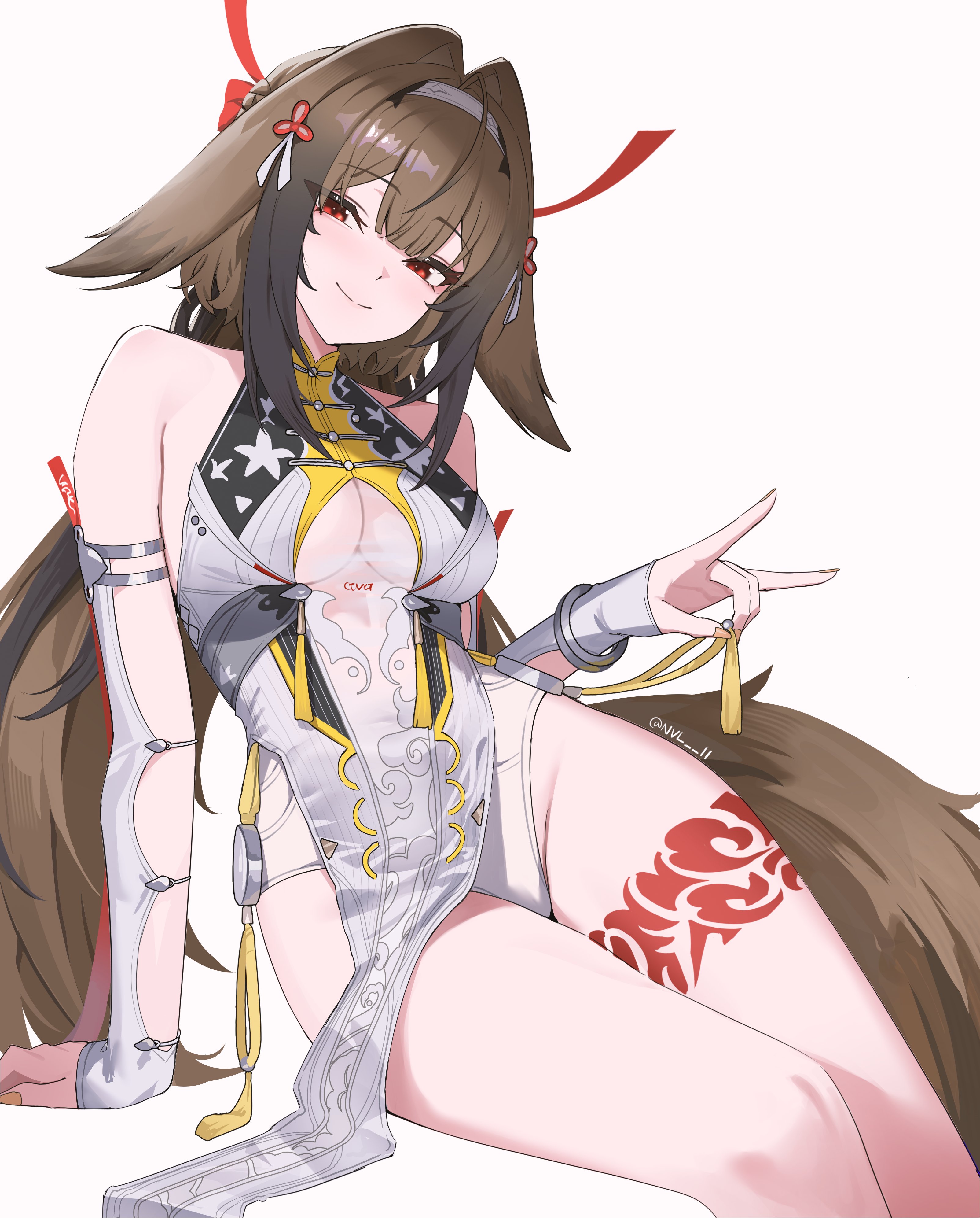 1girl, absurdres, arm support, bare shoulders, breasts, brown hair, closed mouth, colored nails, commentary, female, female only, fingernails, fox tail, hair flaps, hair ornament, highres, invisible chair, leg tattoo, leotard, long hair, looking at viewer, medium breasts, multicolored hair, nail polish, nvl, painted nails, pelvic curtain, red eyes, simple background, sitting, smile, solo, streaked hair, tail, tattoo, thighs, twitter username, very long hair, white background, white leotard, ye shunguang, yellow nails, zenless zone zero