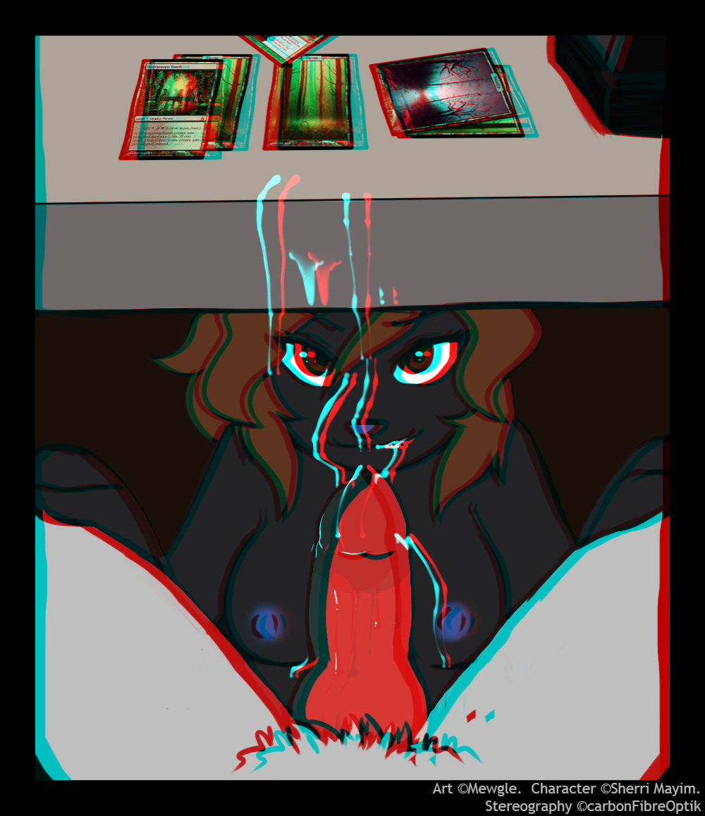 anaglyph animal_genitalia anthro black_fur breasts brown_eyes brown_hair canine canine_penis cum cum_in_mouth cum_inside cum_on_breasts cum_on_face duo erection faceless_male fellatio female knot looking_at_viewer magic_the_gathering male mammal mewgle nipples nude oral orgasm penis pov sherri_mayim smile spreading under_the_table wolf