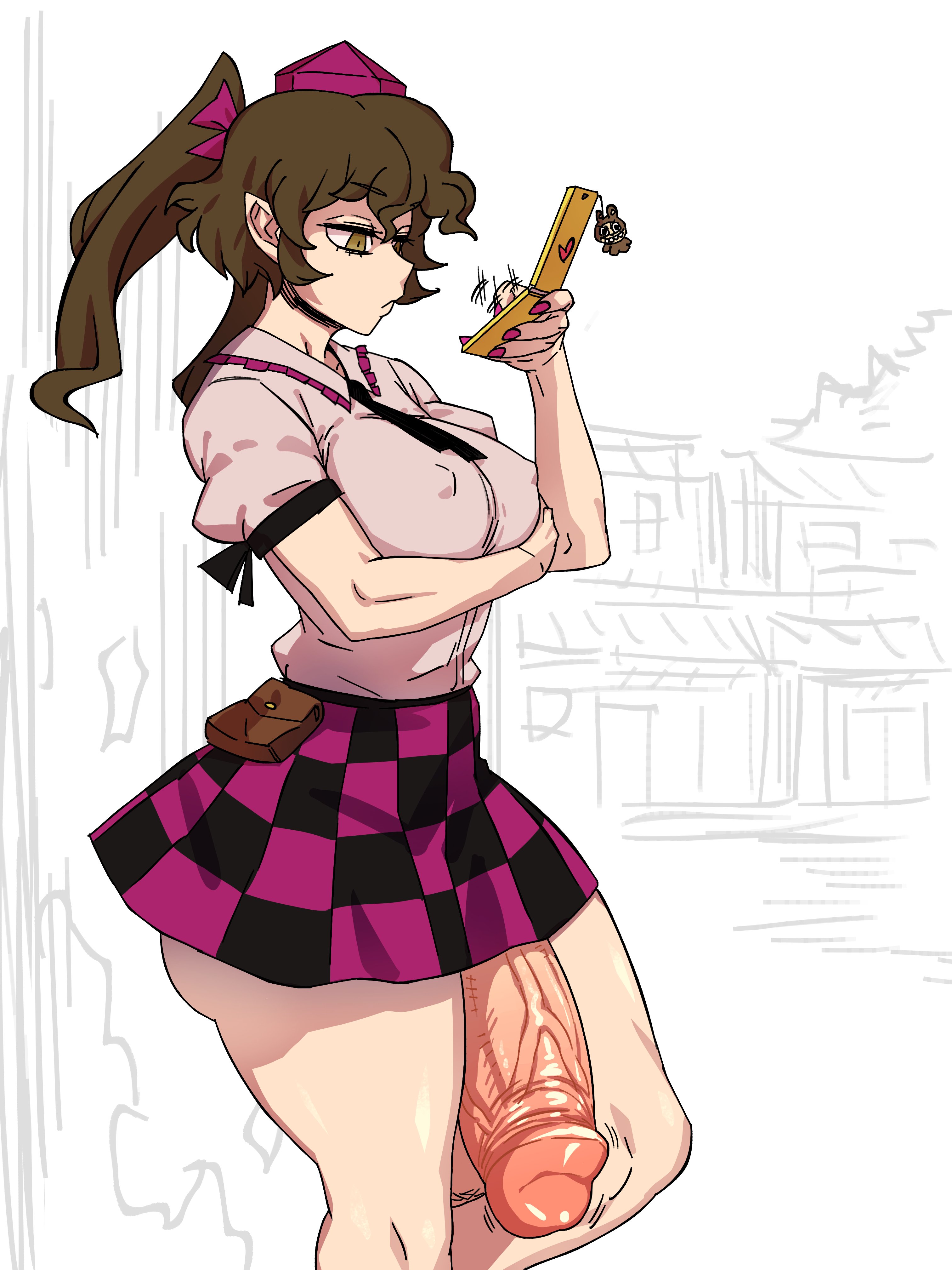1futa, 2d, alternate version available, balls, big breasts, big penis, bottomless, breasts, brown eyes, brown hair, checkered skirt, closed mouth, clothed, clothed futa, clothing, eddybird, erect nipples, erection, exposed penis, expressionless, futa only, futanari, hair bow, hand under breasts, hatate himekaidou, himekaidou hatate, holding phone, huge penis, human, hyper penis, light skin, light-skinned futa, looking at phone, mostly clothed, motion lines, necktie, outdoors, penis, phone, phone charm, pointy ears, puffy short sleeves, purple nail polish, purple nails, semi-erect, shirt, side view, sideass, simple background, skirt, slave handles, solo, solo focus, source, standing, tengu, thick thighs, tied hair, tokin hat, touhou, twintails, twitching, twitching penis, typing