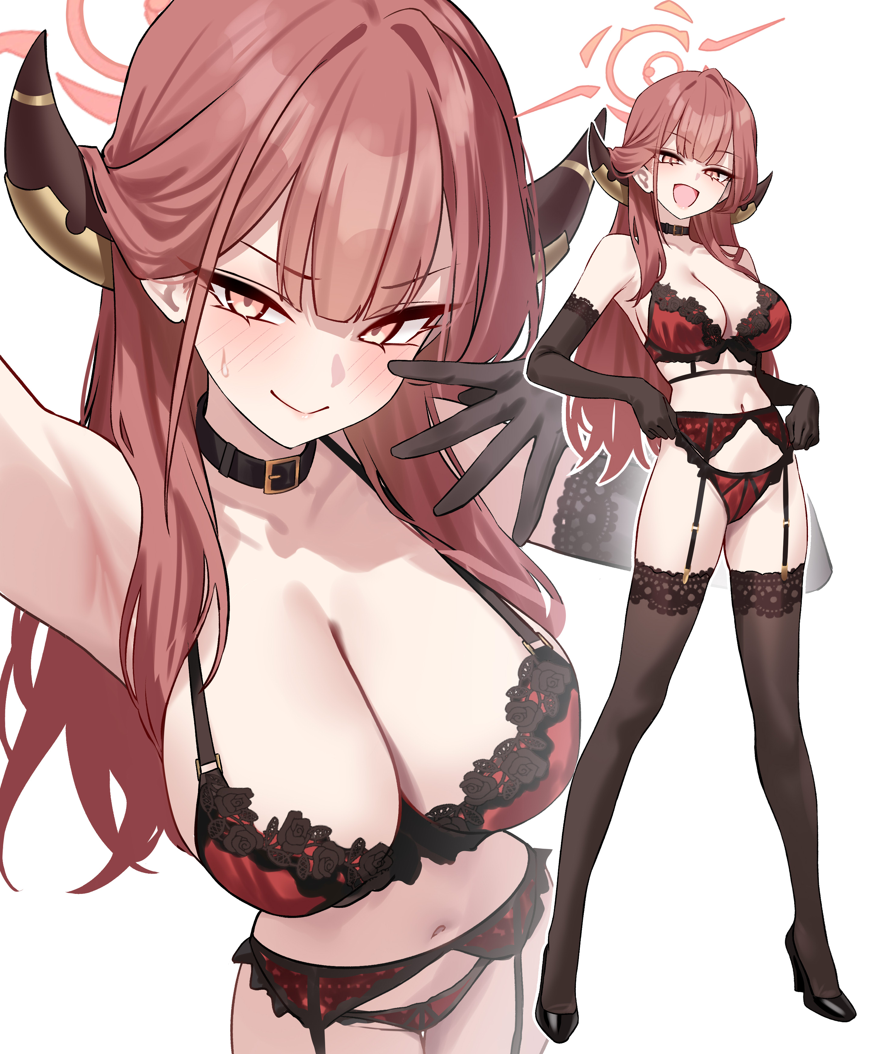 1girl, aru (blue archive), big breasts, blue archive, blush, halo, horns, huge breasts, lingerie, long hair, red hair, shigure s, solo, solo female