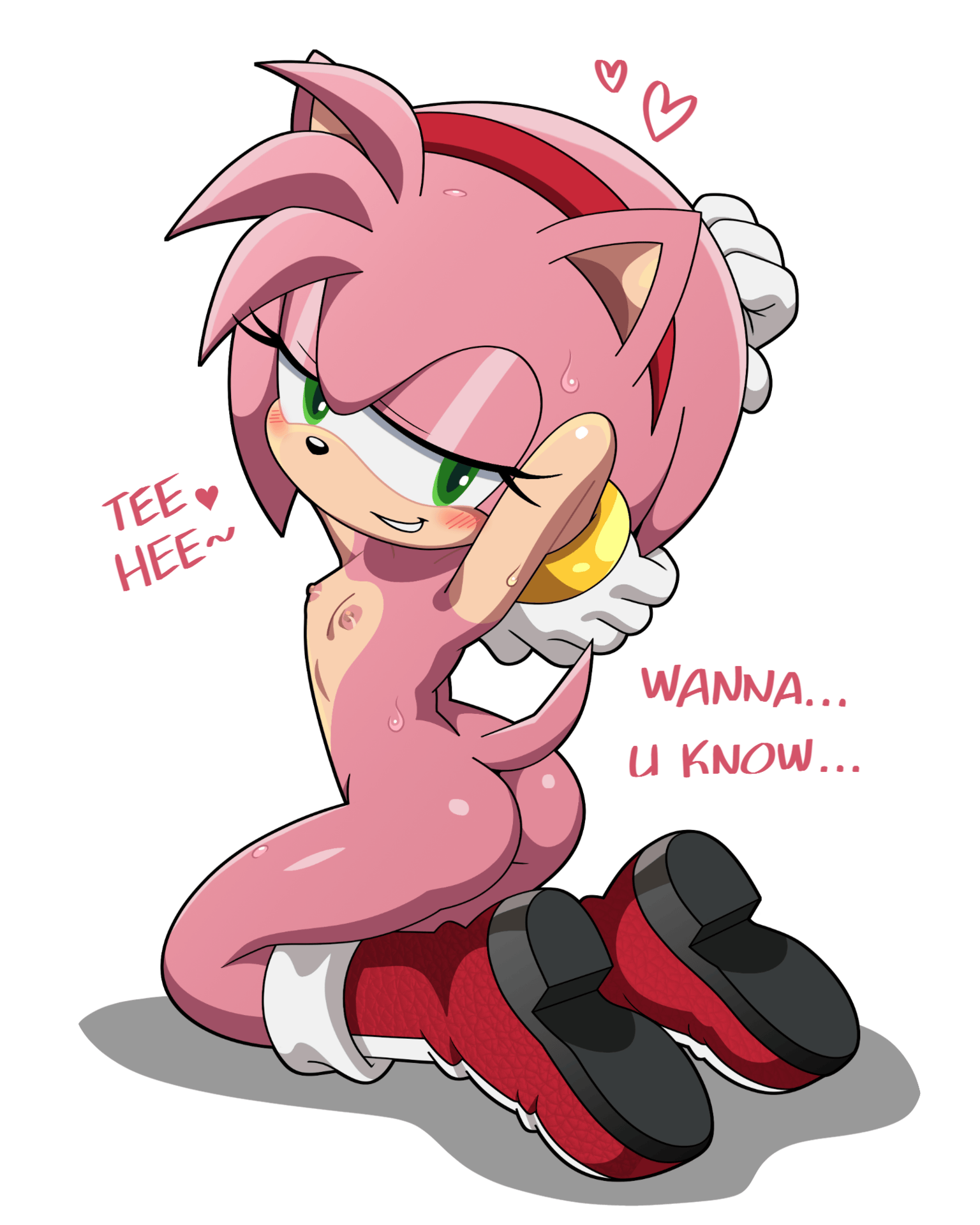 amy rose, bedroom eyes, boots, dialogue, english text, female, female focus, female only, flat chest, flat chested, gif, half naked, half-closed eyes, hands behind head, heart, naked footwear, posing, sega, self upload, shortstack, simple background, sirsmol, slim waist, solo, solo female, sonic (series), sonic the hedgehog (series)