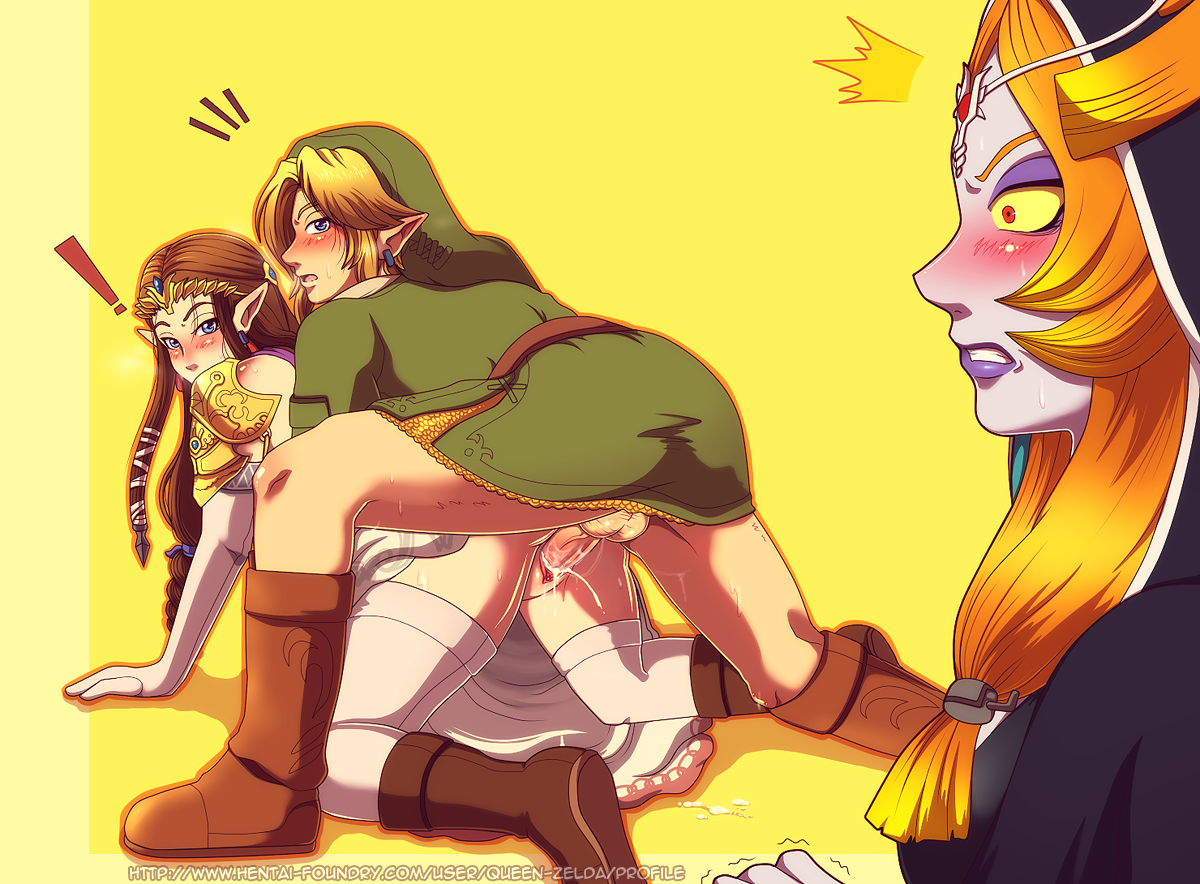 1boy, 2girls, all fours, blue eyes, blush, boots, brown hair, caught, caught in the act, crown, cuckquean, cum, cum in pussy, cum inside, doggy style, earrings, elbow gloves, eyeshadow, female, footwear, from behind, gloves, link, link (twilight princess), long hair, male, midna, multiple females, multiple girls, netorare, nintendo, orange hair, penis, pointy ears, princess zelda, pussy, queen-zelda, sex, shoulder pads, stockings, straight, the legend of zelda, thighhighs, twili midna, twilight princess, uncensored, vaginal penetration, zelda (twilight princess)