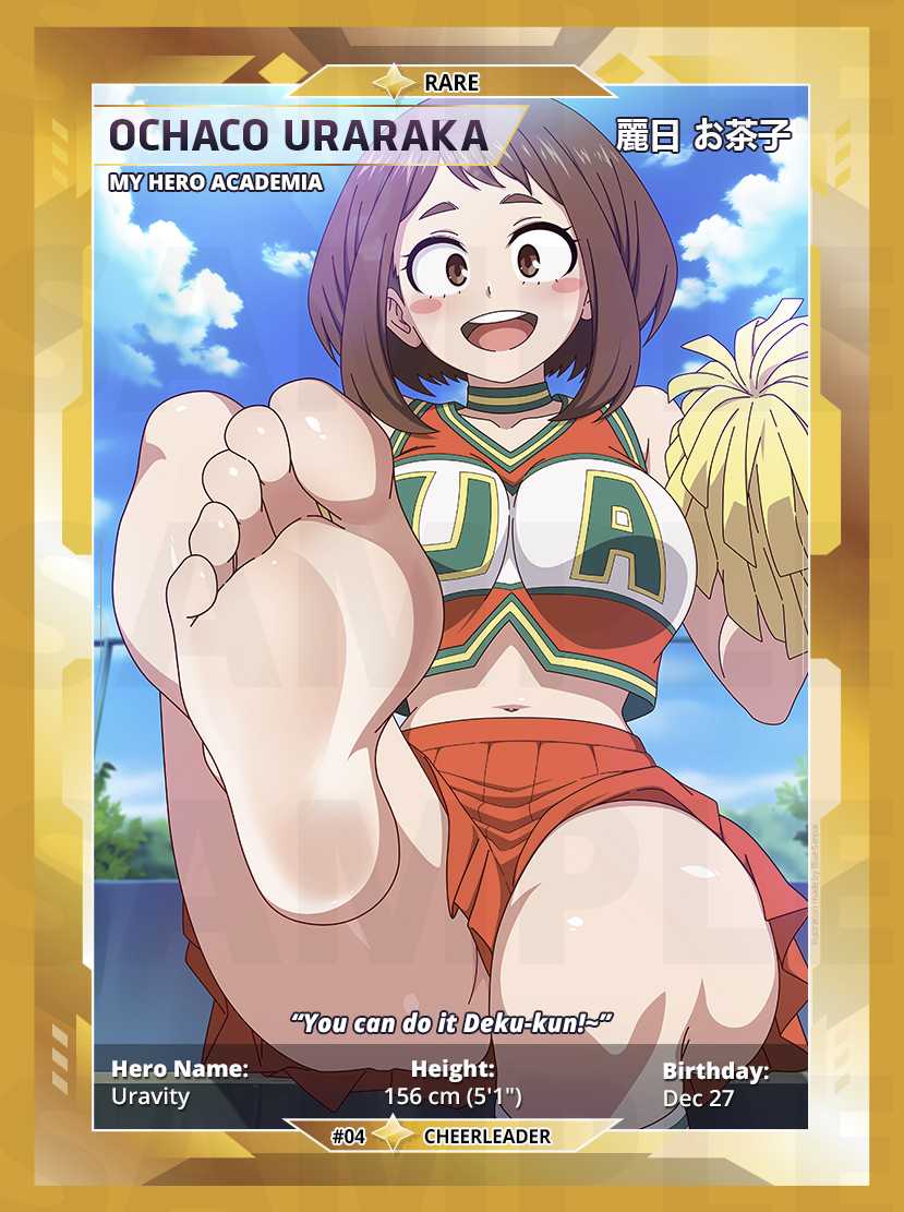 1girls, 2d, 2d (artwork), barefoot, blue-senpai, blush, blush stickers, boku no hero academia, breasts, brown eyes, brown hair, brown-haired female, card (medium), cheerleader, english text, feet, female, foot fetish, foot focus, large breasts, looking at viewer, midriff, my hero academia, navel, ochako uraraka, open mouth, pom poms, pov feet, short hair, skirt, smile, soles, solo, speech bubble, thighs, uraraka ochako