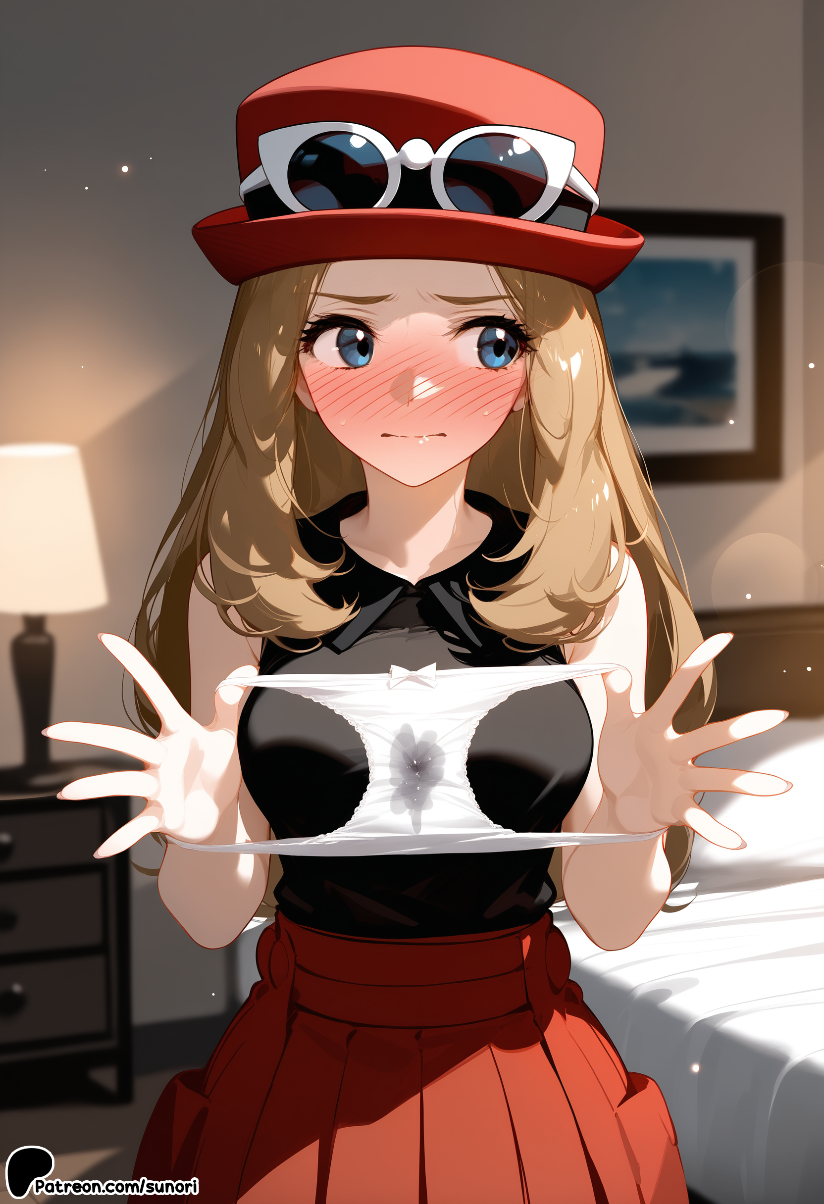 1girl, ai generated, blue eyes, blurry, blush, eyewear on head, eyewear on headwear, game freak, hat, holding, holding clothes, holding panties, holding underwear, long hair, nintendo, outstretched hand, palms, panties, panties removed, pleated skirt, pokemon, pokemon xy, serena (pokemon games), serena (pokemon), skirt, spread fingers, sunglasses, sunori, underwear, waving