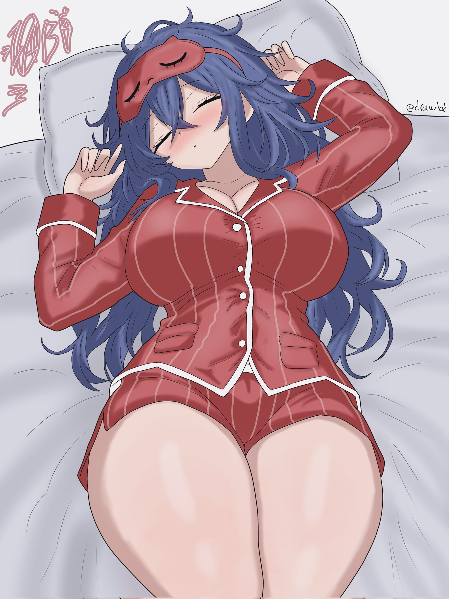 1girl, artist logo, artist name, blue hair, blush, breasts, buttons, cat mask, cleavage, closed eyes, drawlab33t, female, female only, highres, large breasts, logo, long hair, mask, messy hair, miside, mita (miside), on bed, pajama shorts, pajamas, pillow, red pajamas, shorts, sleep mask, sleeping, sleepy mita (miside), solo, striped clothes, striped pajamas, thick thighs, thighs