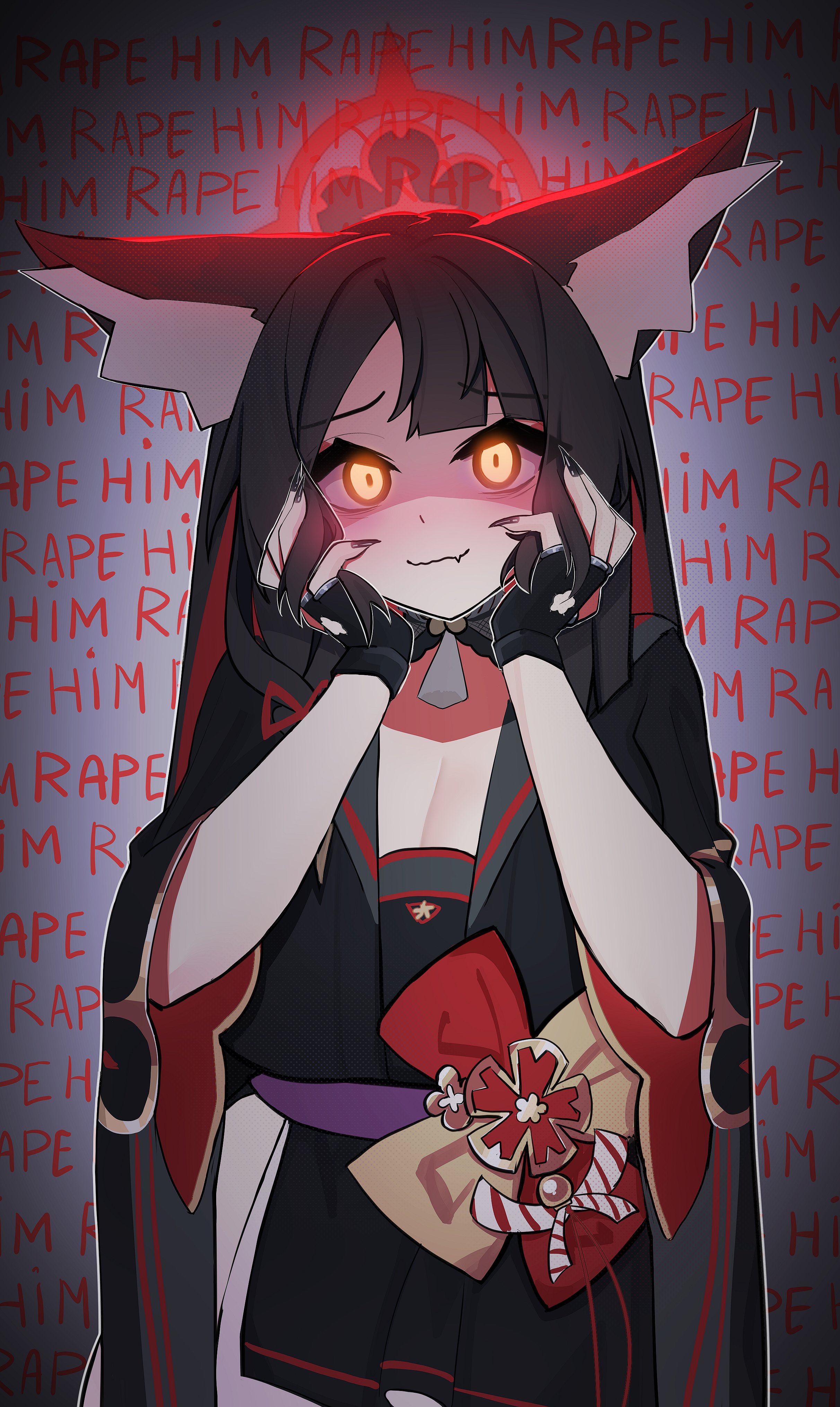 big breasts, blue archive, blush, crazy, fox ears, fox girl, halo, huge breasts, silenzuka, solo, solo female, wakamo (blue archive), yandere