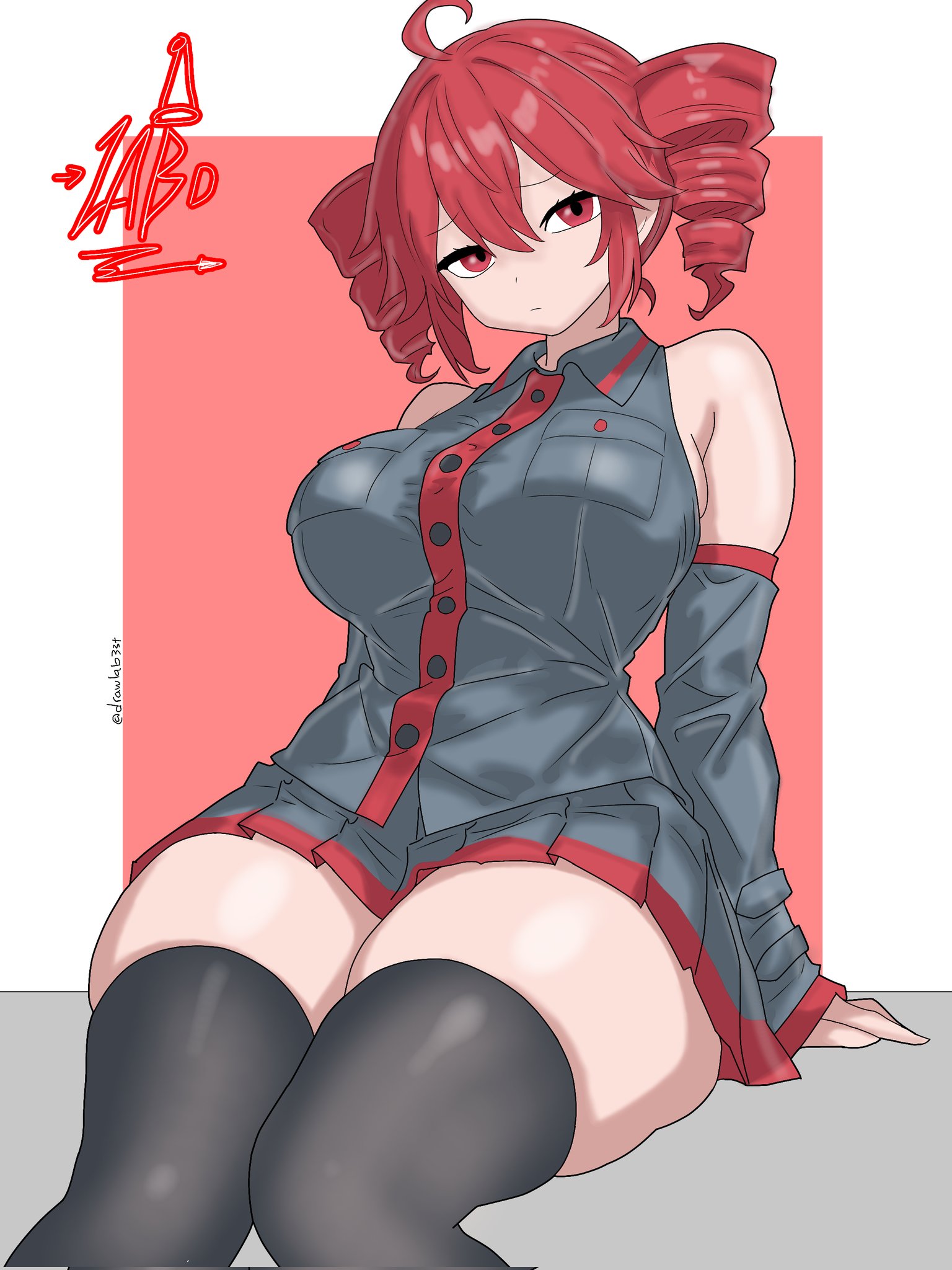adjusting clothes, ahoge, bare shoulders, black shirt, black skirt, black socks, breasts, drawlab33t, drill hair, dynamic pose, female, female only, hair between eyes, hair over face, half-closed eyes, highres, huge breasts, kasane teto, looking at viewer, red eyes, red hair, shirt, skirt, socks, thick thighs, thighhighs, thighs, twintails, utau