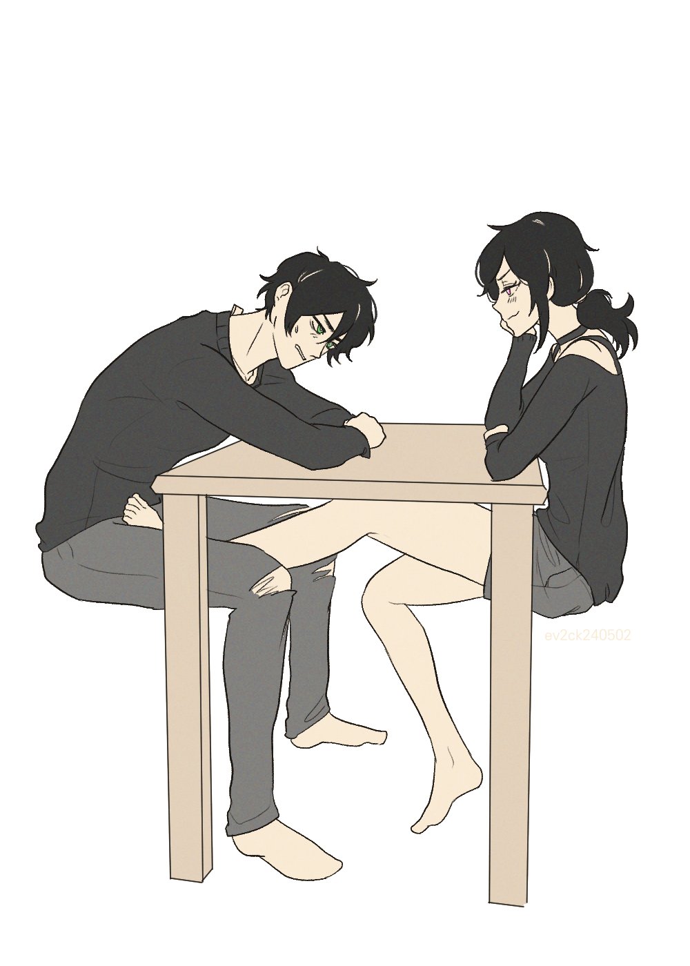 1boy, 1girls, 2d, andrew graves, ashley graves, barefoot, black hair, blush, brother and sister, clothed, ev2ck, eye contact, feet, female, foot fetish, foot on crotch, foot on penis, foot play, foot tease, footjob, footjob over clothes, footjob under table, green eyes, incest, looking at another, looking at each other, looking at partner, male, pink eyes, ponytail, siblings, sitting, straight, table, tease, teasing, the coffin of andy and leyley, toes, under the table