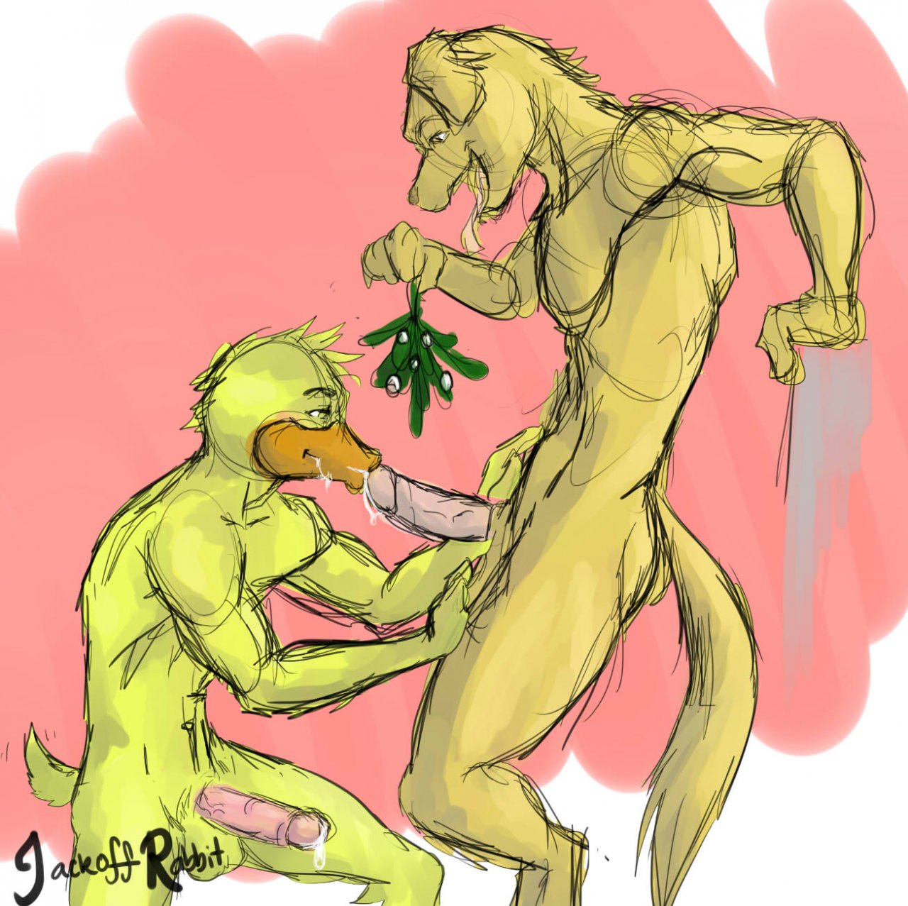 anthro avian canine duck jackoffrabbit kneeling male mammal oral yaoi