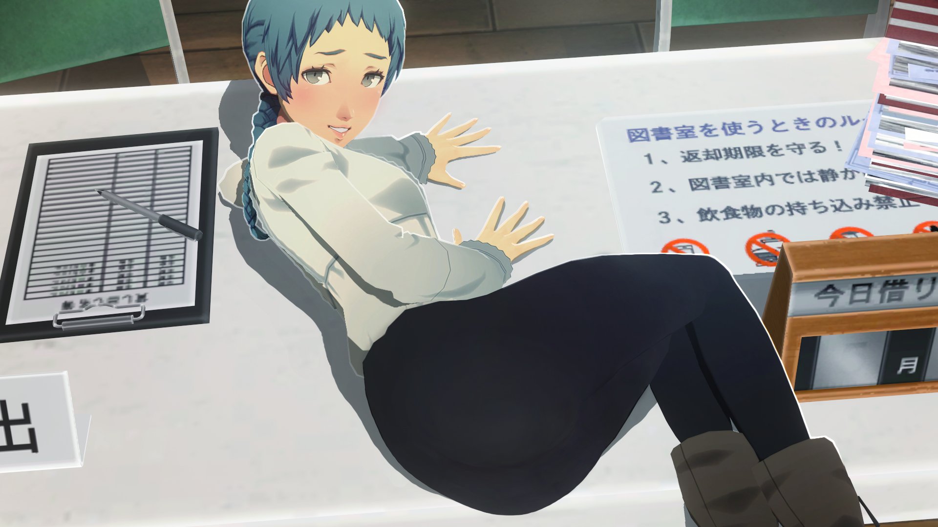 3d, atlus, blue hair, desk, fuuka yamagishi, fuuka yamagishi (arena), looking at viewer, lying on table, persona, persona 4 arena, uriziel38