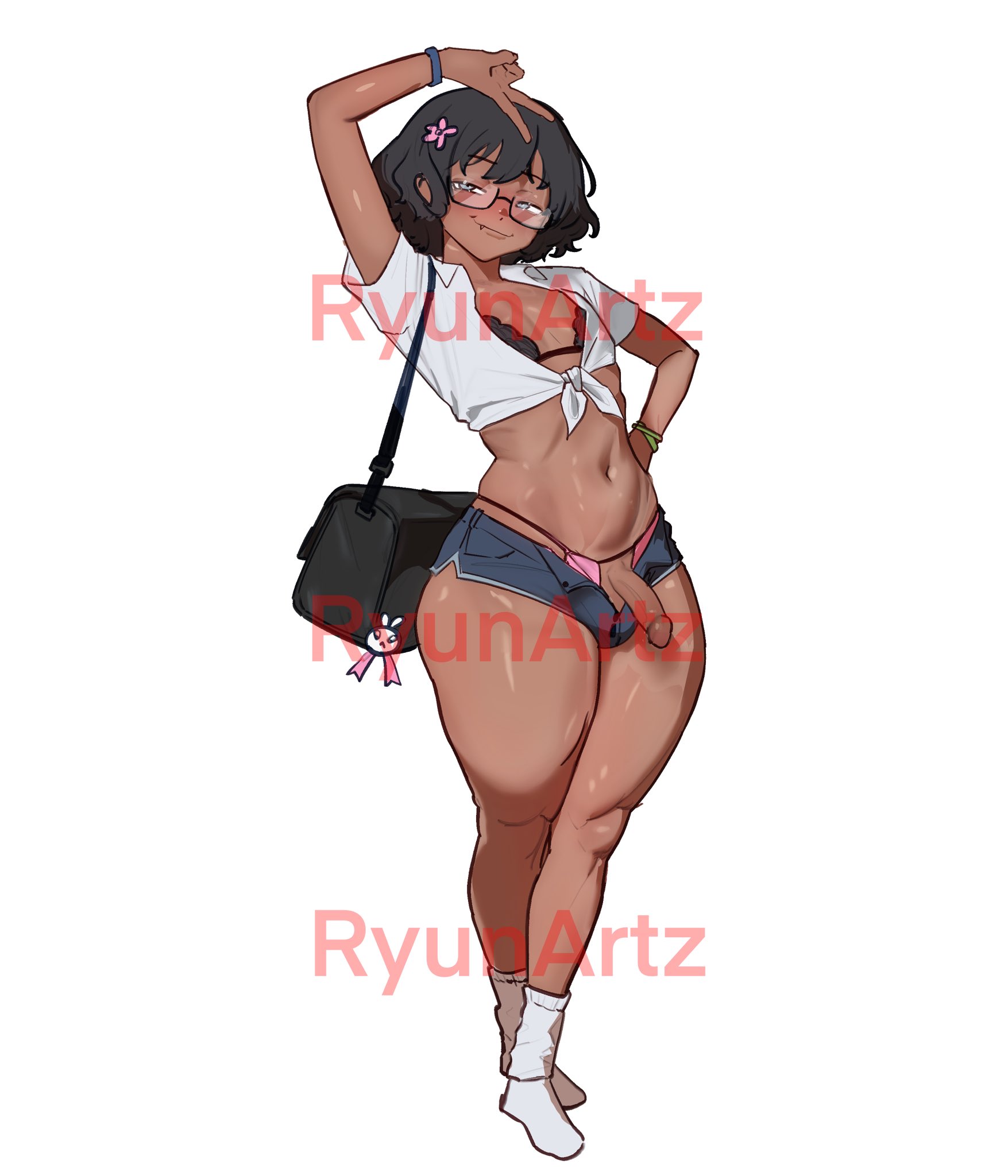 1boy, 1femboy, barely clothed, bikini, black hair, cock out, dark skin, dark-skinned femboy, dark-skinned male, femboy, glasses, jean shorts, jorts, midriff, peace sign, penis, penis out, ryunartz, short hair, socks, solo, solo focus, solo male, thong, tiny shorts, trap, white topwear