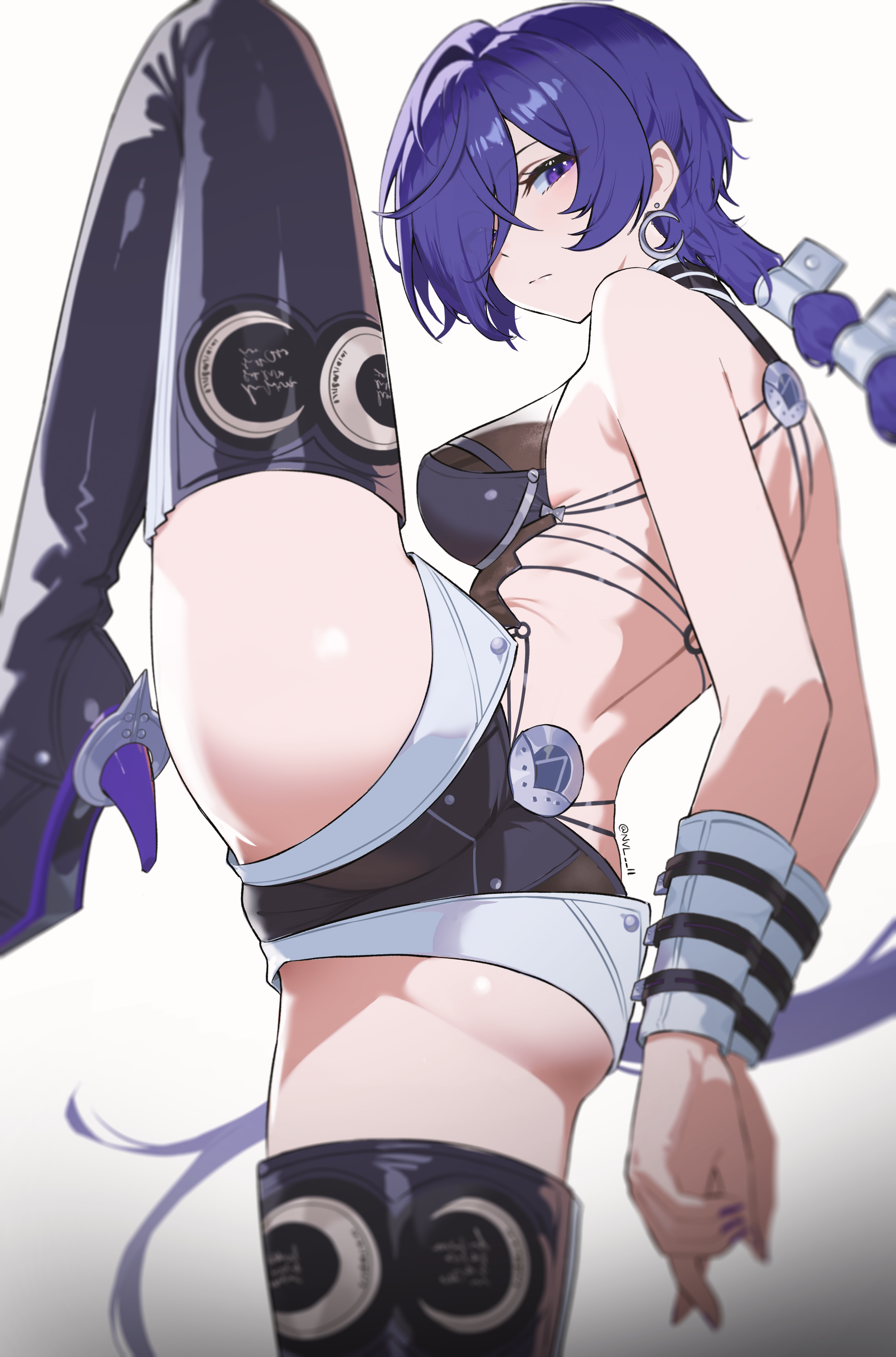 1girl, absurdres, artist name, ass, back, backless leotard, bare shoulders, black boots, black leotard, boots, breasts, closed mouth, colored nails, commentary, crescent, crescent earrings, earrings, female, female only, from behind, hair over one eye, high heel boots, high heels, highres, jewelry, leg up, leotard, looking at viewer, looking back, medium breasts, nail polish, no jacket, nvl, painted nails, promeia (zenless zone zero), purple eyes, purple hair, purple nails, shorts, solo, thigh boots, thighs, white shorts, zenless zone zero