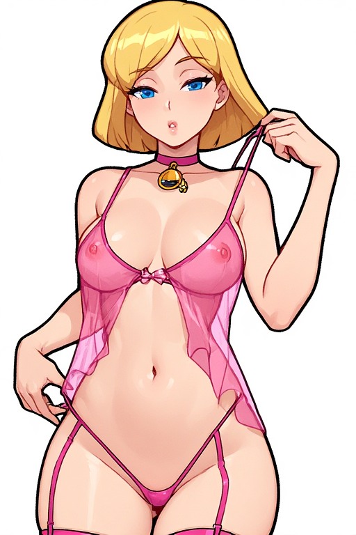 2d, ai assisted, ai generated, belly, belly button, big ass, big breasts, blonde female, blonde hair, blue eyes, choker, curvy, curvy figure, fit, fit female, garter straps, hourglass figure, large breasts, light skin, light-skinned female, nightwear, nipples, nipples visible through clothing, original, original character, seductive, seductive look, seductive pose, see-through, see-through clothes, see-through clothing, shiny skin, short hair, simple background, stockings, thong, translucent, translucent clothing, transparent clothing, ultimate waifu project, white background