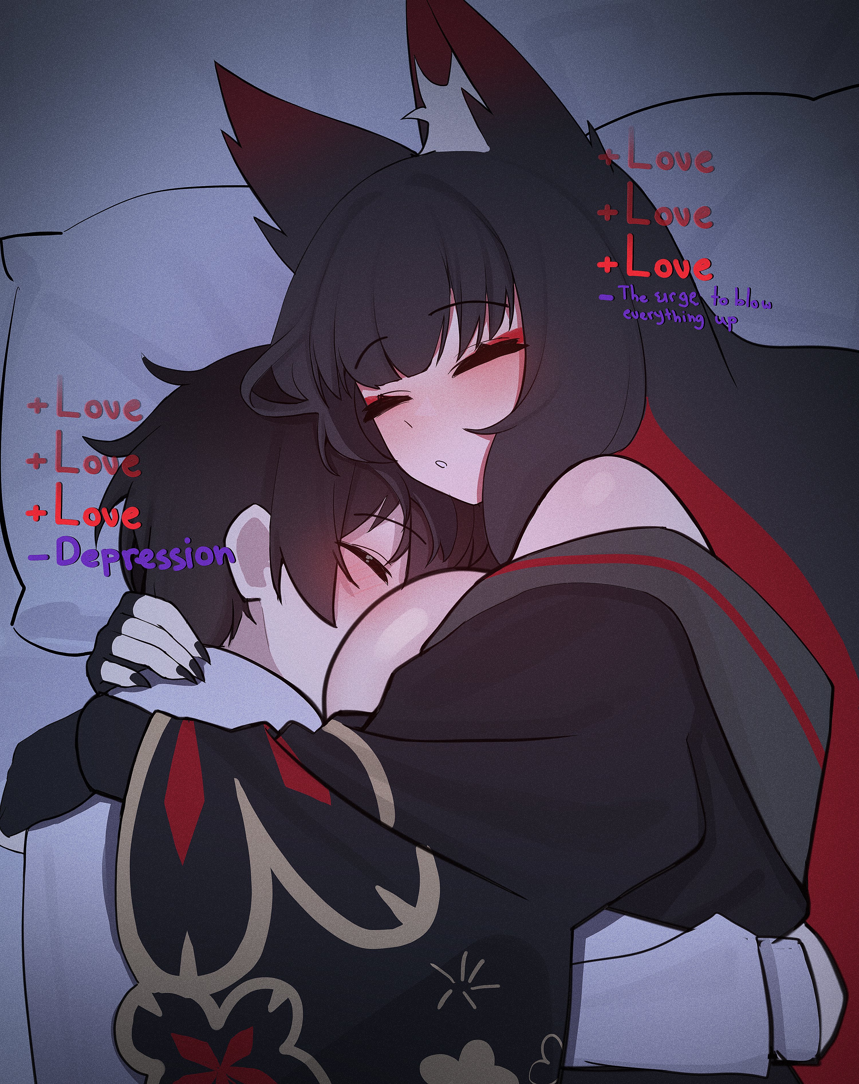 1boy, 1girl, big breasts, blue archive, fox ears, fox girl, halo, hug, huge breasts, love, night, sensei (blue archive), silenzuka, sleeping, solo, solo female, wakamo (blue archive)