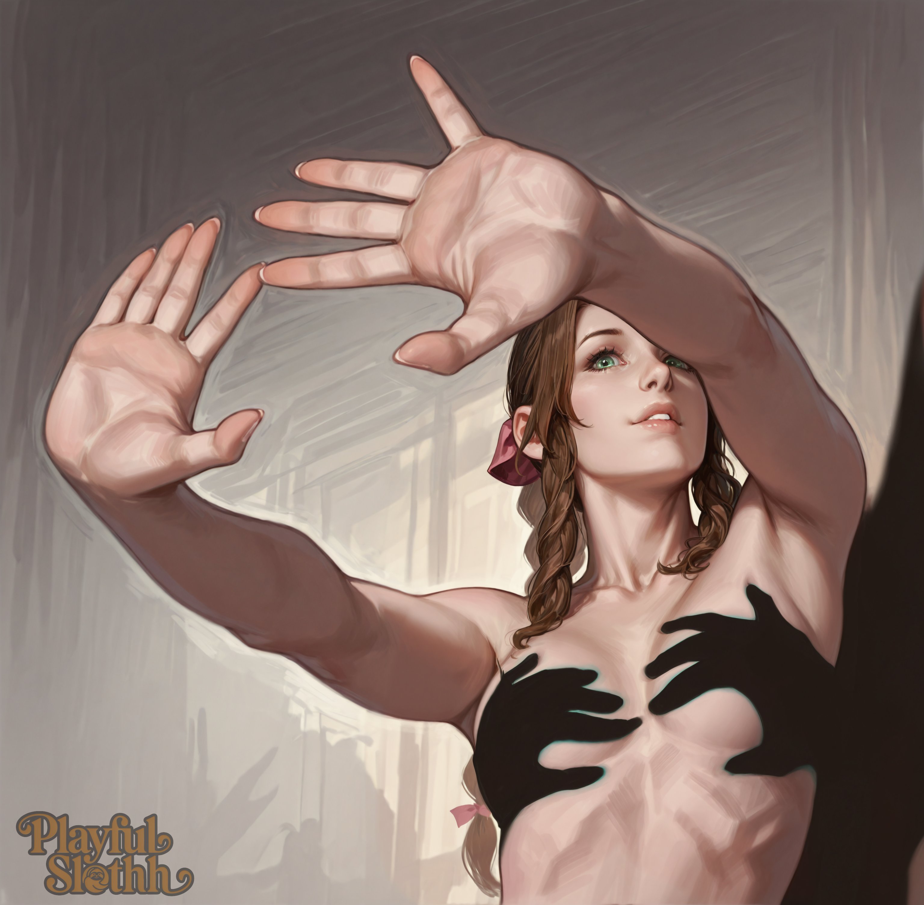 2d, 2d (artwork), aerith gainsborough, ai assisted, ai generated, artist name, artist request, bangs, braided hair, braided ponytail, brown hair, female, female only, final fantasy, final fantasy vii, final fantasy vii remake, green eyes, hands casting shadow, hands up, medium breasts, naked, nude, playfulslothh, ponytail, shadow, skinny, small breasts, tagme, tagme (artist), thesafeslot, tied hair, topless