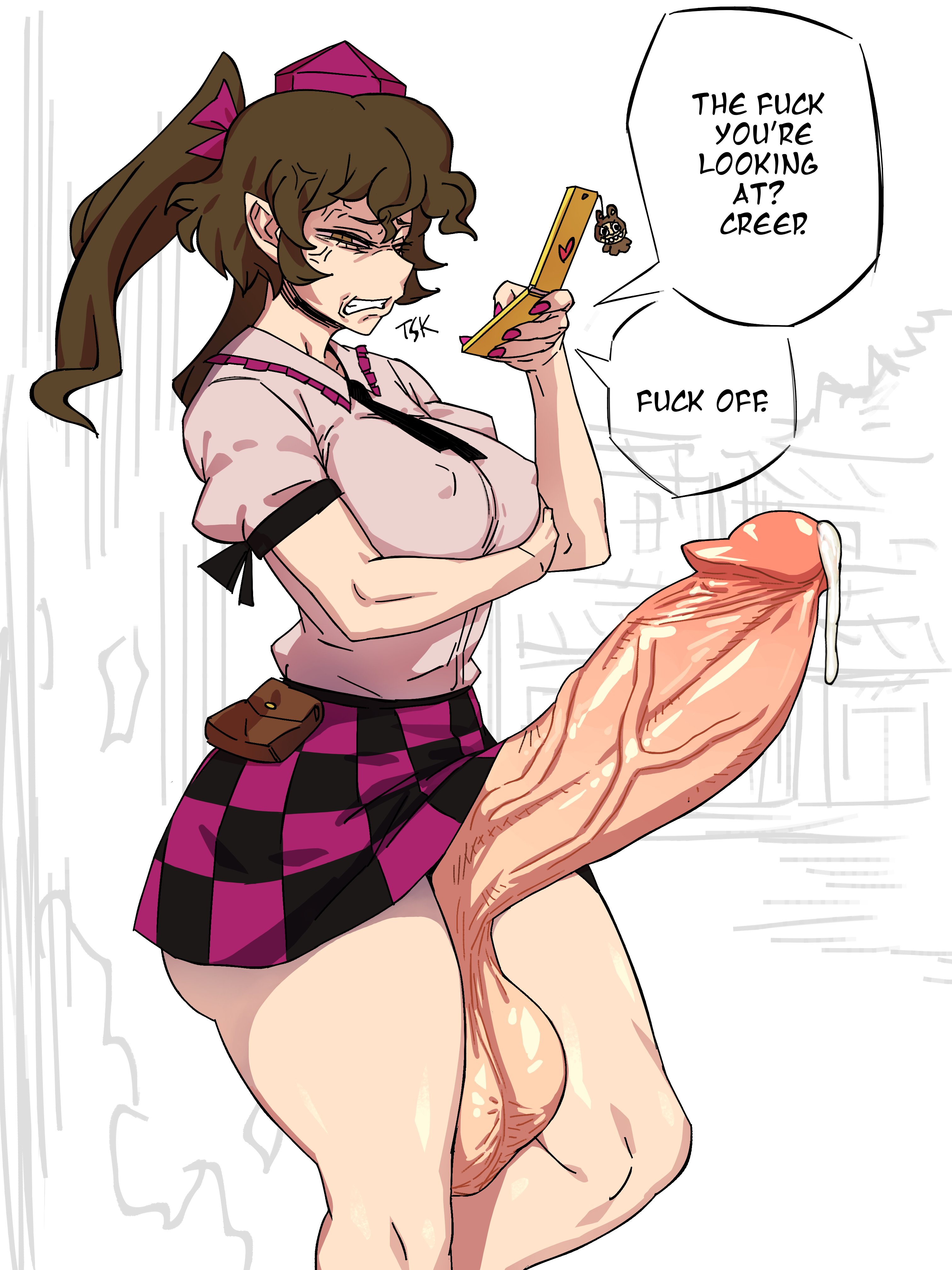 1futa, 2d, after cumshot, alternate version available, anger vein, angry, angry expression, angry face, balls, big balls, big breasts, big penis, breasts, brown eyes, brown hair, checkered skirt, clothed, clothed futa, cum, eddybird, embarrassed, erect nipples, erection, exposed penis, futa only, futanari, gritted teeth, hair bow, hand under breasts, hatate himekaidou, himekaidou hatate, holding phone, huge balls, huge penis, hyper penis, leaking cum, light-skinned futa, looking at viewer, motion lines, necktie, open mouth, outdoors, penis, penis bigger than arm, penis bigger than torso, phone, phone charm, pointy ears, puffy short sleeves, purple nail polish, purple nails, shaded face, shirt, side view, sideass, simple background, skirt, slave handles, solo, solo focus, source, speech bubble, standing, teeth, tengu, text, text bubble, thick thighs, tied hair, tokin hat, touhou, twintails