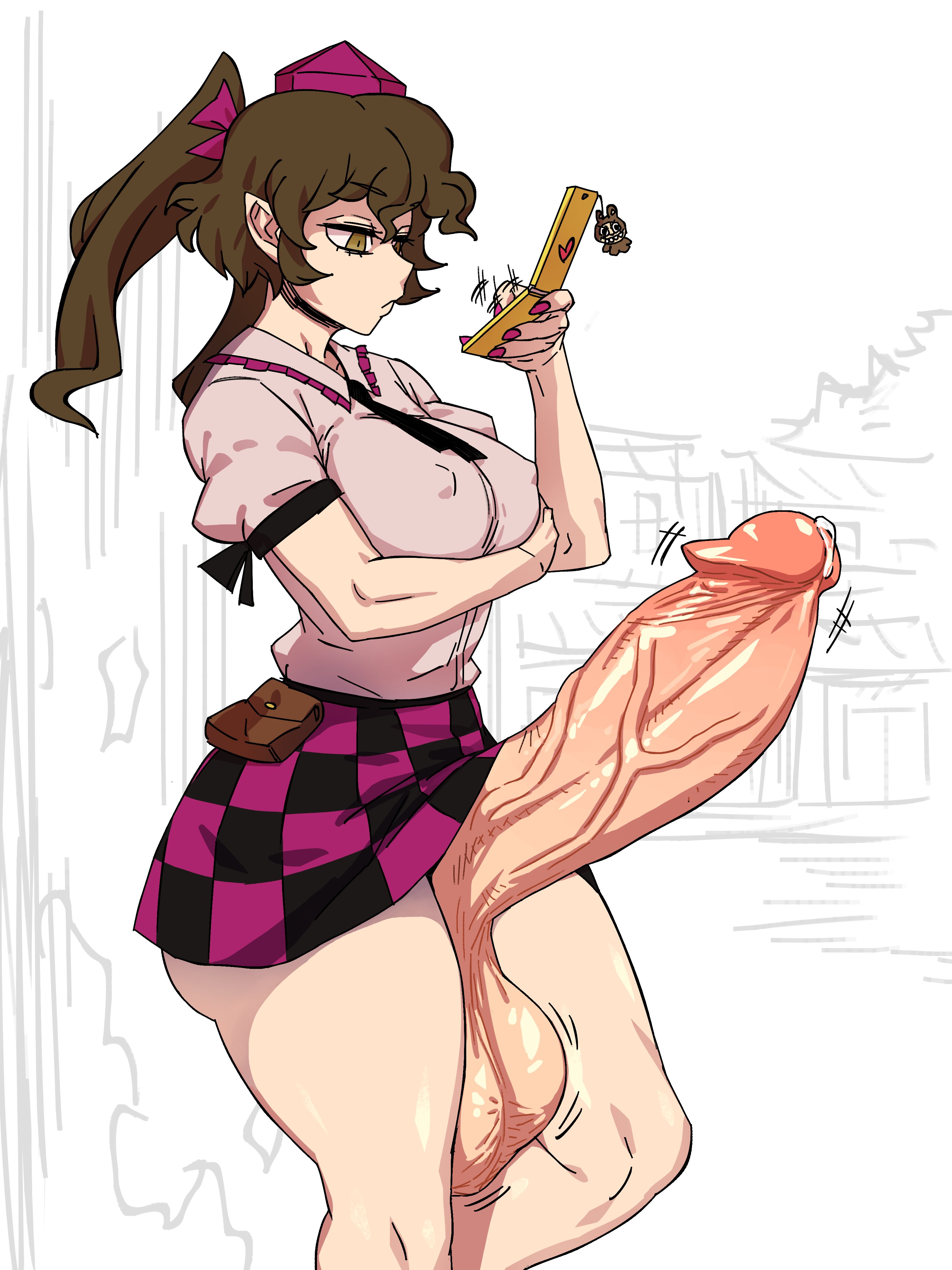1futa, 2d, alternate version available, balls, big balls, big breasts, big penis, breasts, brown eyes, brown hair, checkered skirt, closed mouth, clothed, clothed futa, eddybird, erect nipples, erect penis, erection, exposed penis, futa only, futanari, hair bow, hand under breasts, hatate himekaidou, himekaidou hatate, holding phone, huge balls, huge penis, hyper penis, light-skinned futa, looking at phone, motion lines, necktie, outdoors, penis, penis bigger than arm, penis bigger than torso, phone, phone charm, pointy ears, precum, puffy short sleeves, purple nail polish, purple nails, shirt, side view, sideass, simple background, skirt, slave handles, solo, solo focus, source, standing, tengu, thick thighs, tied hair, tokin hat, touhou, twintails, twitching, twitching penis, typing