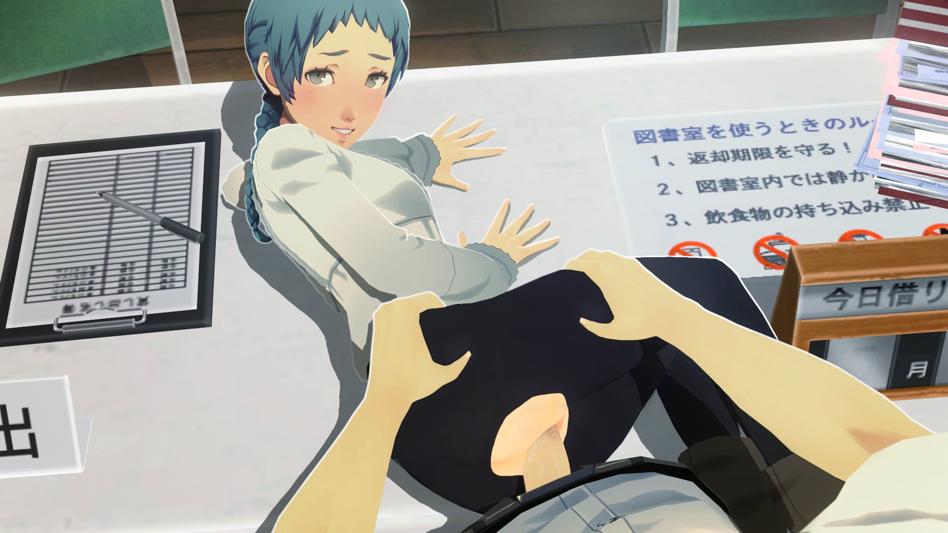 3d, atlus, blue hair, desk, fuuka yamagishi, fuuka yamagishi (arena), grabbing ass, looking at viewer, lying on table, pantyhose, persona, persona 4 arena, ripped clothing, sex, uriziel38