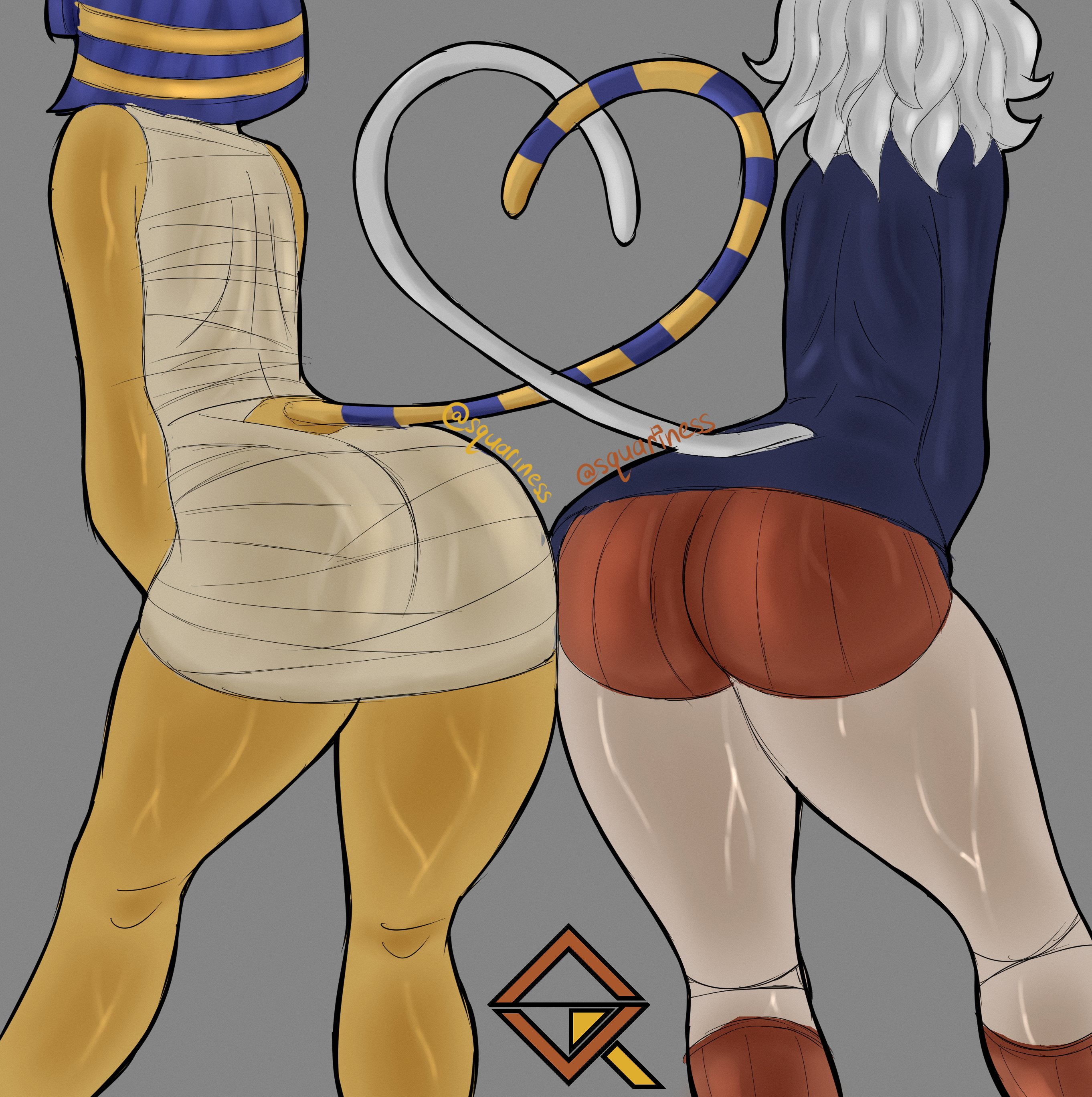 animal crossing, ankha, ass, ass focus, back view, bare shoulders, blue hair, cat tail, catgirl, dress, glossy, heart, hunter x hunter, jacket, neferpitou, short hair, shorts, slim waist, socks, squariness, tagme, thick thighs, tight clothing, viewed from behind, voluptuous, white hair, wide hips, wraps