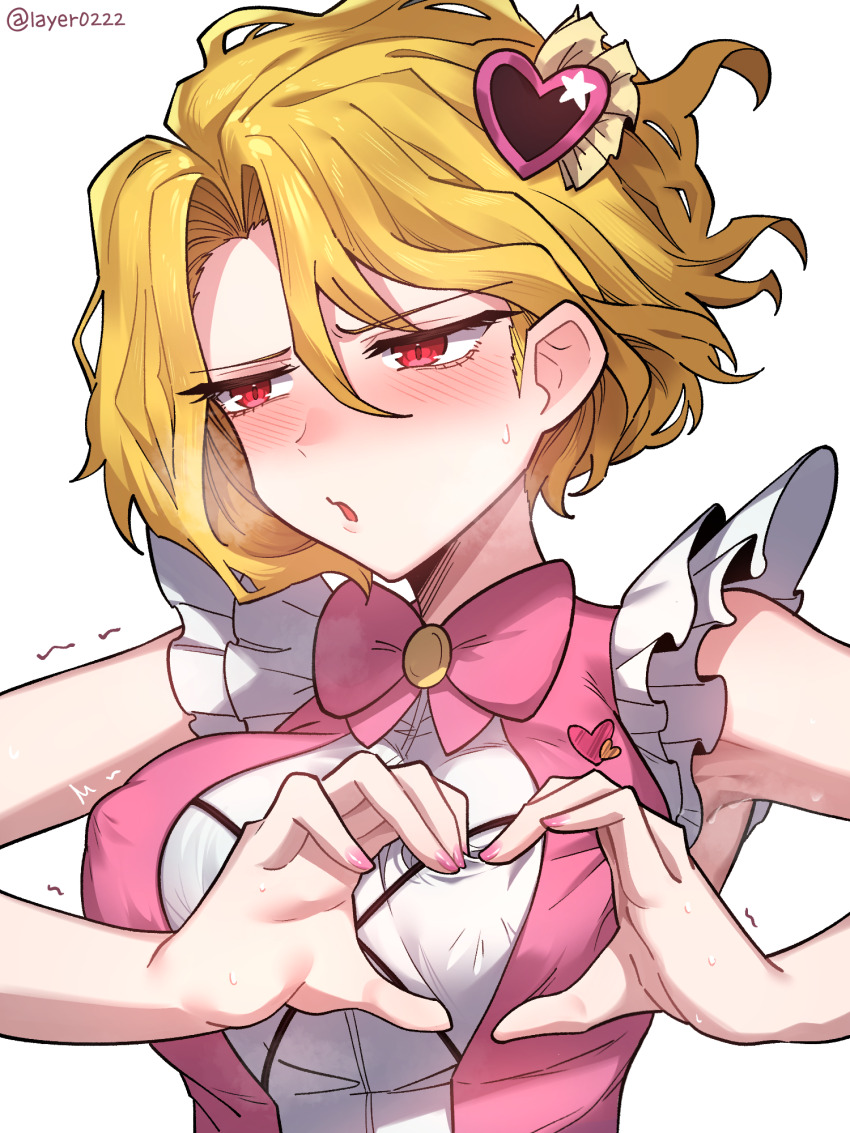 1girl, armpit, armpits, artist name, averting eyes, blonde hair, blush, bow, breasts, commentary request, covered erect nipples, don quixote (limbus company), dress, female, female only, hair ornament, hands up, heart, heart hair ornament, heart hands, heart-shaped boob challenge, highres, idol, in the name of love and hate (e.g.o), korean commentary, large breasts, layer (layer illust), limbus company, looking to the side, magical girl, official alternate costume, open mouth, paid reward available, pink bow, project moon, red eyes, sancho (limbus company), short hair, signature, simple background, sleeveless, sleeveless dress, solo, textless version, trembling, upper body, white background