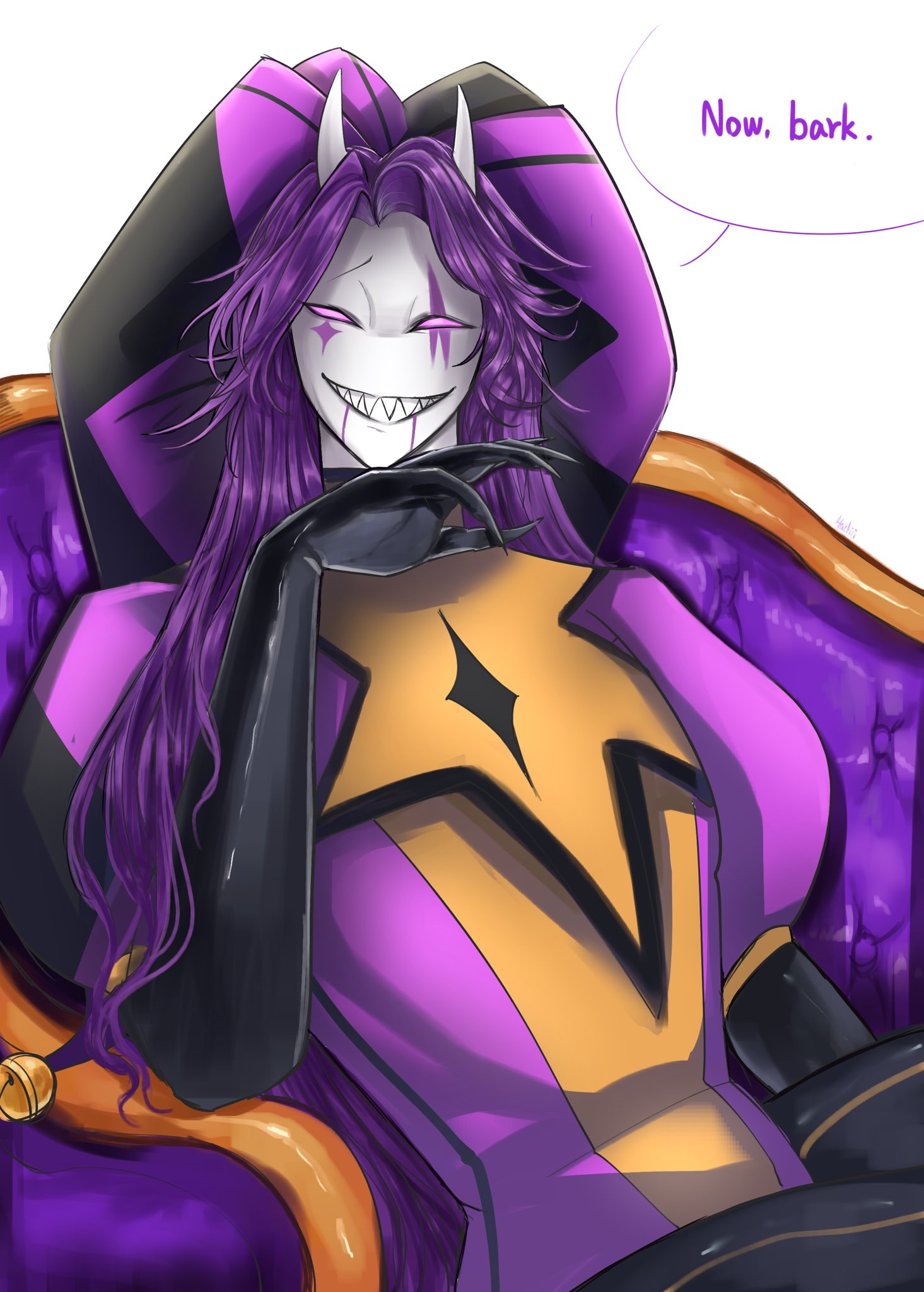 dominant, dominant male, hedybd11, jester (the freak circus), ordering, purple hair, requesting, smirking, smirking at viewer, solo focus, solo male, the freak circus