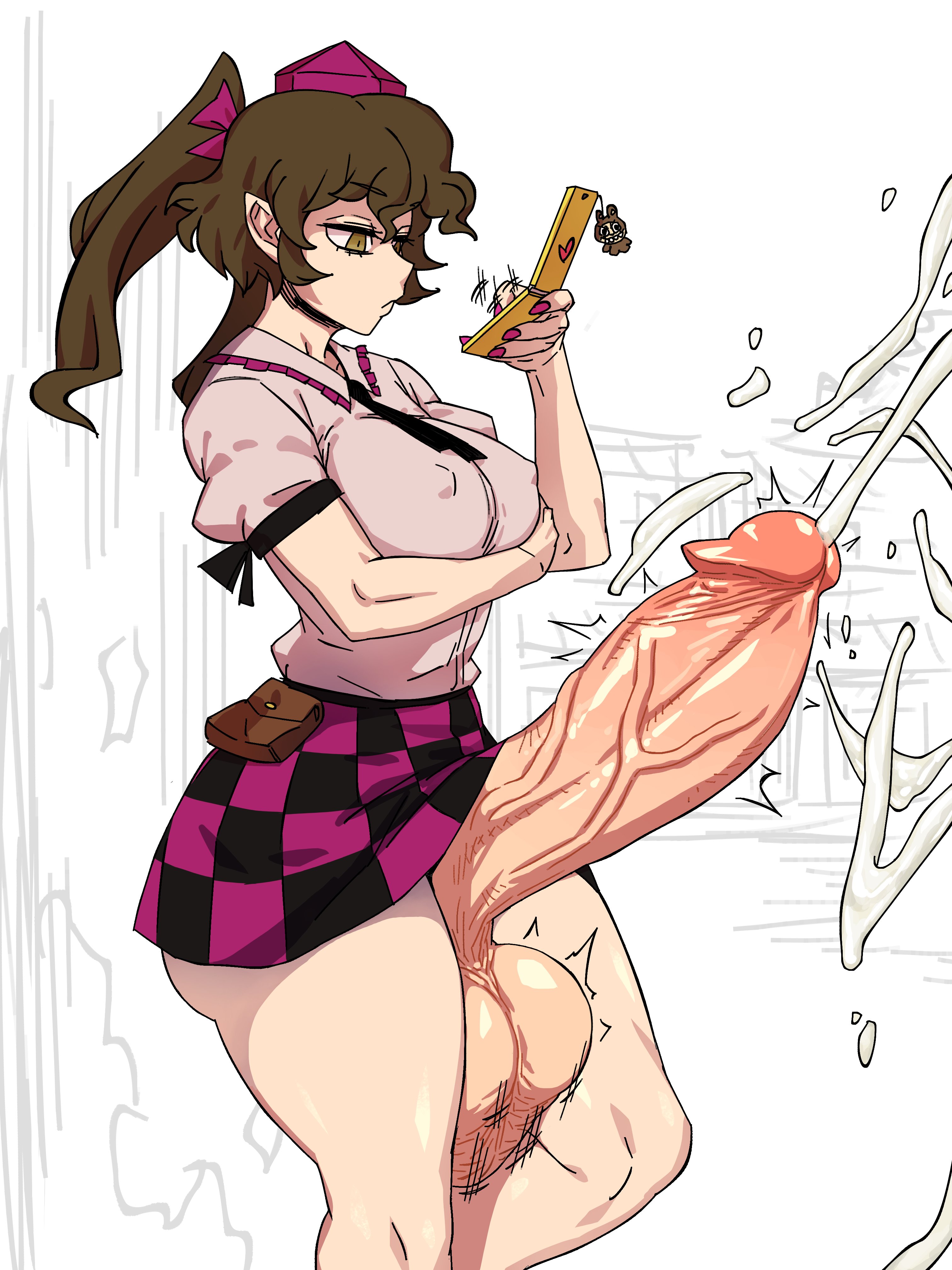 1futa, 2d, alternate version available, balls, balls clench, big balls, big breasts, big penis, breasts, brown eyes, brown hair, casual, casual ejaculation, checkered skirt, clenched balls, closed mouth, clothed, clothed futa, cum, cumming, cumshot, eddybird, erect nipples, erection, exposed penis, expressionless, futa only, futanari, hair bow, hand under breasts, hatate himekaidou, himekaidou hatate, holding phone, huge balls, huge penis, hyper penis, light-skinned futa, looking at phone, motion lines, necktie, outdoors, penis, penis bigger than arm, penis bigger than torso, phone, phone charm, pointy ears, puffy short sleeves, purple nail polish, purple nails, shirt, side view, sideass, simple background, skirt, slave handles, solo, solo focus, source, standing, tengu, thick thighs, tied hair, tokin hat, touhou, twintails, twitching, twitching penis, typing
