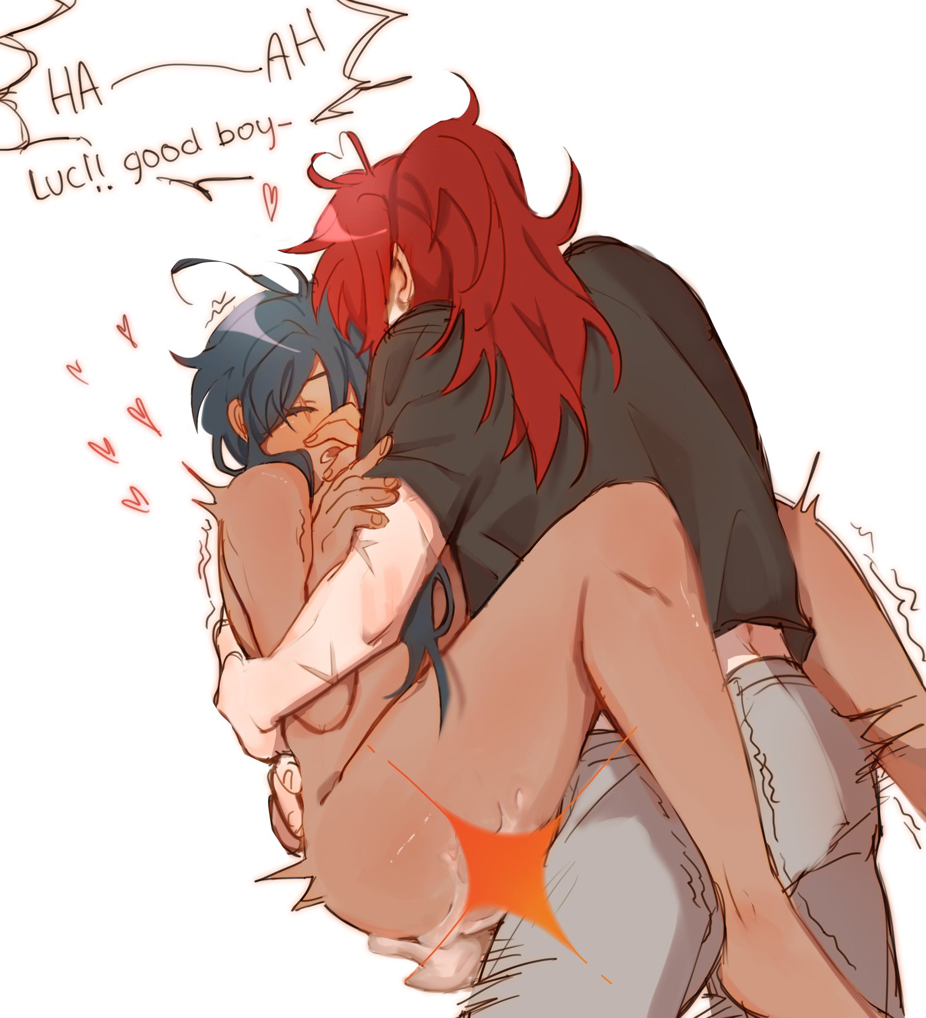 2boys, adoptive incest, adoptive siblings, anal, anal sex, blue hair, colored, dark-skinned sub, diluc (genshin impact), english text, gay, gay anal, gay male, gay sex, genshin impact, good boy, heart, hugging partner, incest, inseki, kaeya (genshin impact), legs around partner, light-skinned male, light-skinned top, male, male focus, male only, male penetrated, male penetrating, male penetrating male, male/male, naked, red hair, sex, size difference, standing sex, sworn brothers, tan body, tan skin, tanned male, yaoi