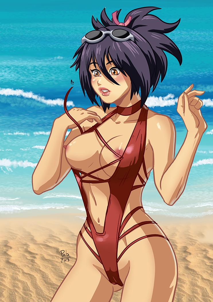 beach blush breasts brown_eyes choker female female_only human nipples one-piece_swimsuit outdoors pablocomics ponytail purple_hair sheena_fujibayashi solo standing sunglasses sunglasses_on_head surprised swimsuit tales_of_(series) tales_of_symphonia tied_hair wardrobe_malfunction