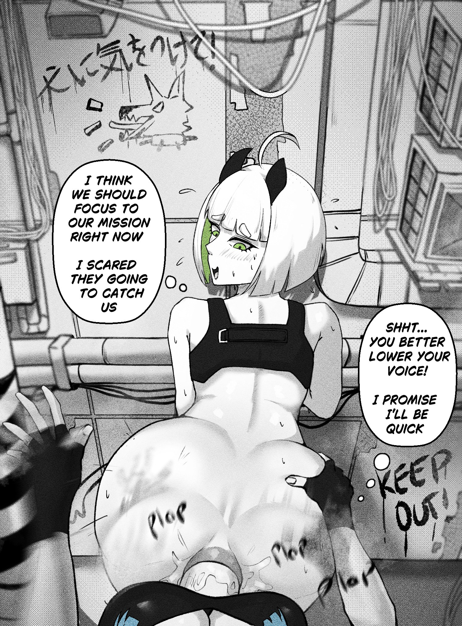 1futa, 1girls, anal, anal penetration, anal sex, artnikov, ass, big ass, cleavage, colored inner hair, eloise (the atko), english text, faceless, faceless character, faceless futa, female, from behind, futa on female, futa pov, futanari, green eyes, green hair, original, pov, sex, sex from behind, speech bubble, text, two-tone hair, white hair