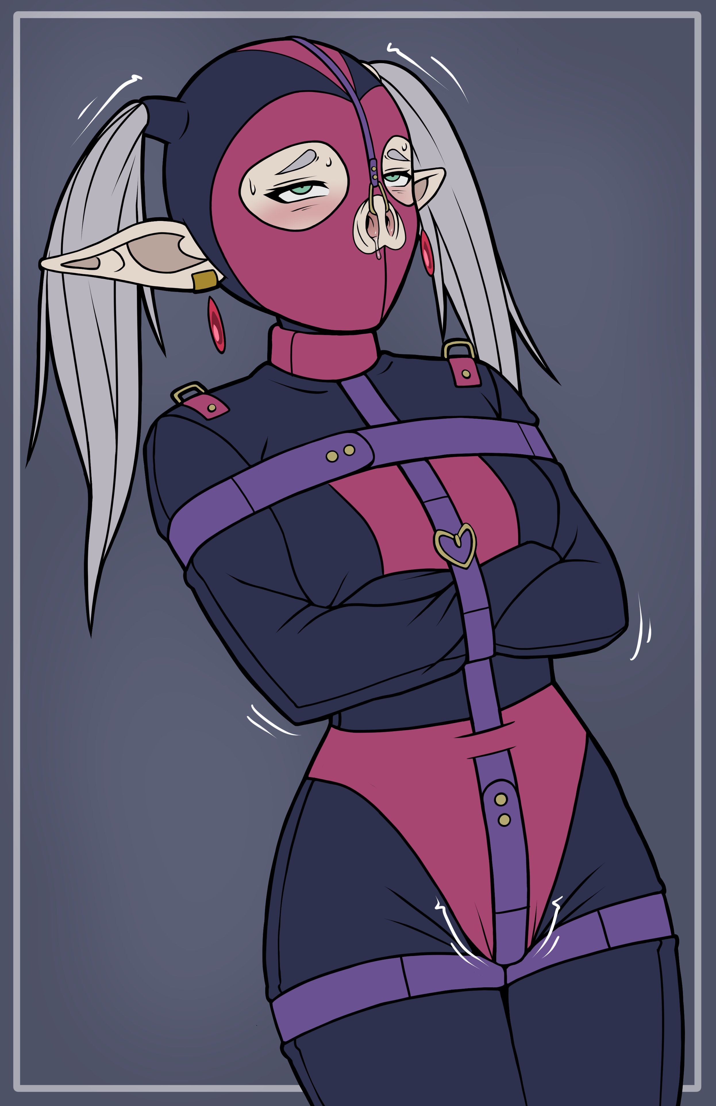 1girls, argrim, bdsm, bondage, bondage gear, bondage outfit, bound, bound arms, elf female, female, female only, frieren, frieren beyond journey's end, gimp mask, latex, nose hook, pig nose, straitjacket, twintails