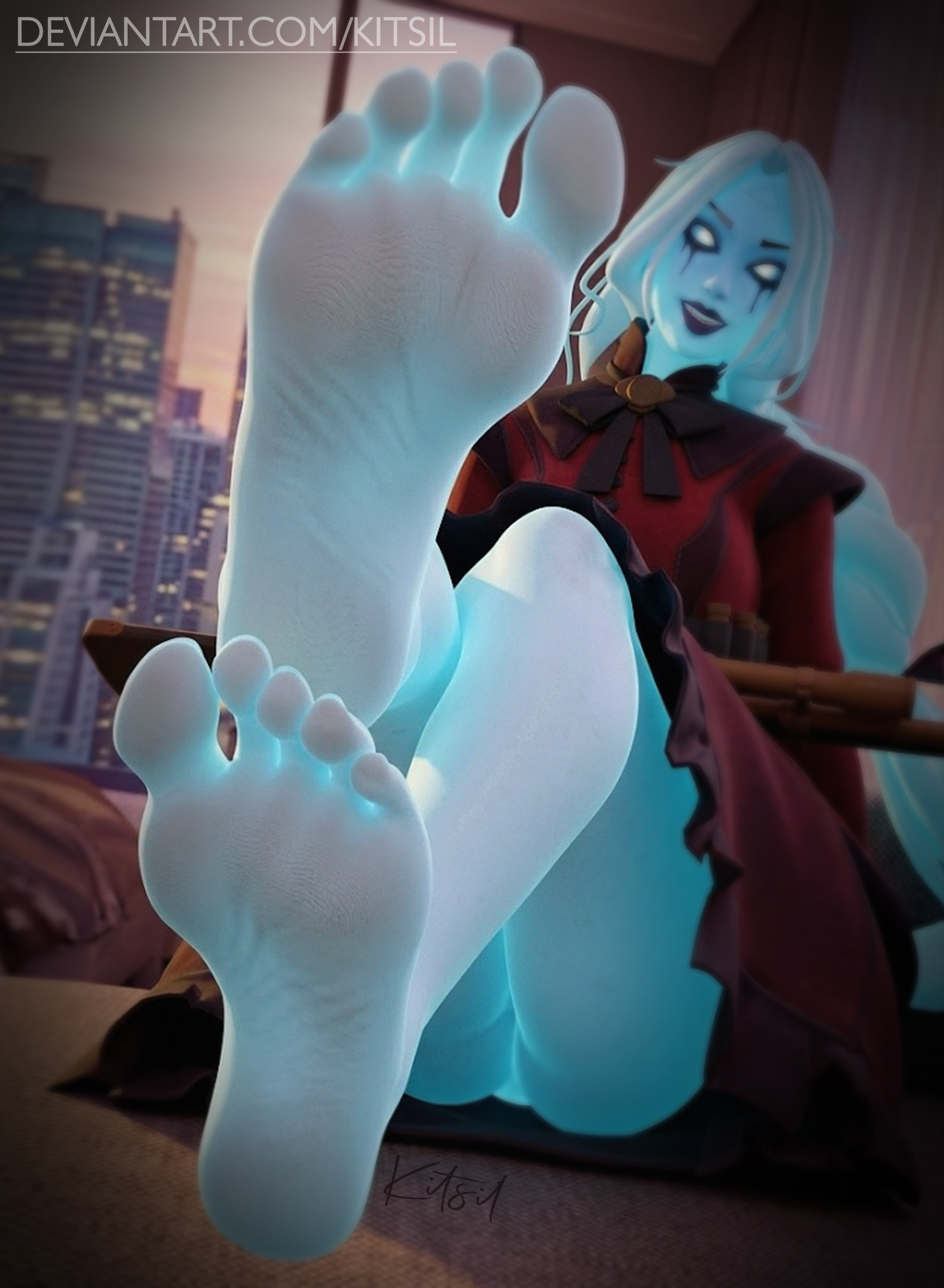 1girls, deadlock, feet, female, female only, foot fetish, foot focus, kitsil, looking at viewer, soles, solo, toes, vindicta (deadlock)