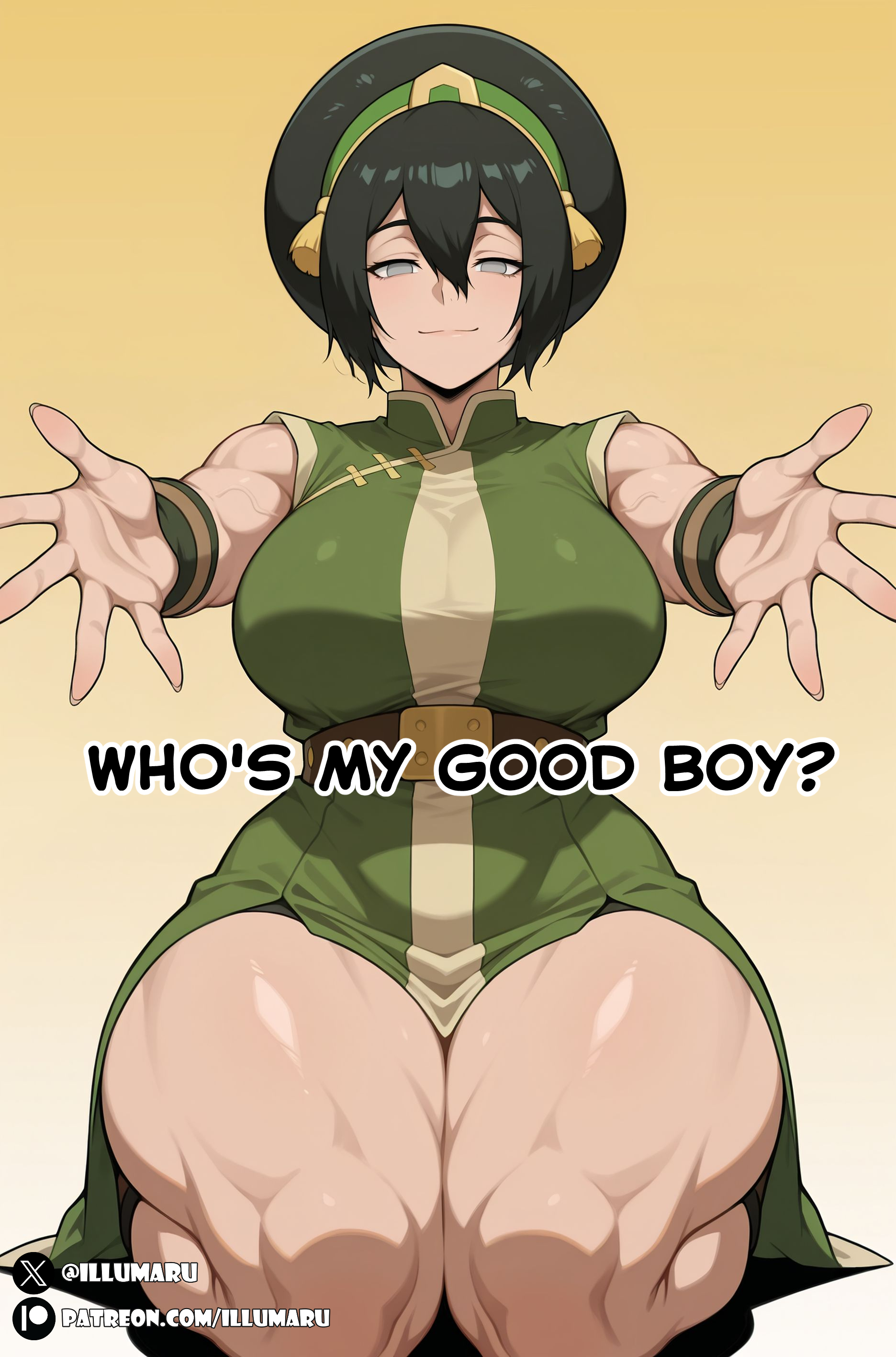 , 1girls, 2026, ai generated, avatar the last airbender, big breasts, curvy figure, detailed, english text, female, female only, hi res, hug, illumaru, incoming hug, kneeling, large breasts, looking at viewer, medium breasts, muscular, muscular female, patreon username, pov, simple background, solo, stable diffusion, thick thighs, toph bei fong