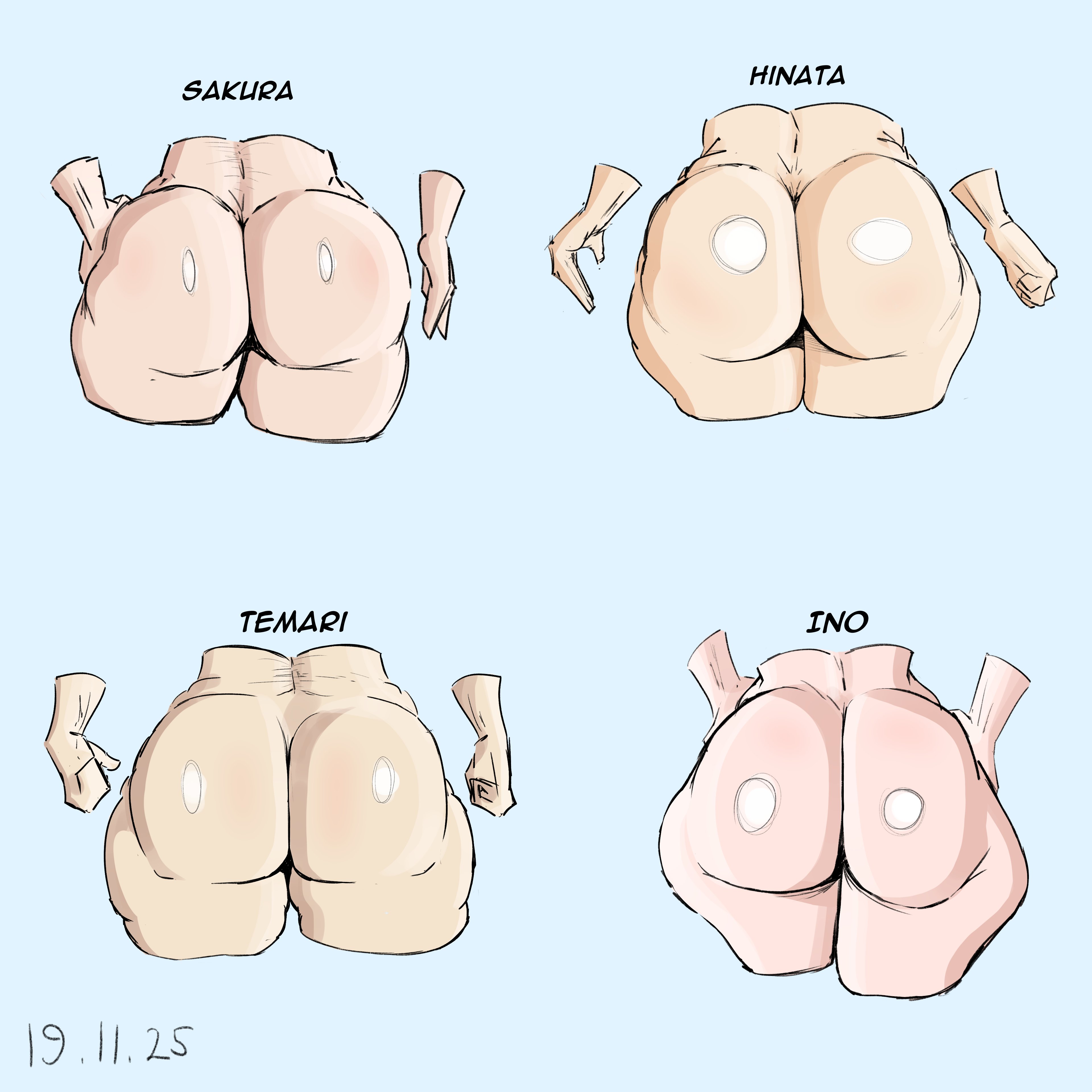 ass, ass chart, ass comparison, ass focus, big ass, big butt, chart, female, female only, haruno sakura, highv0ltage, huge ass, hyuuga hinata, ino yamanaka, naruto (series), sakura haruno, temari, text, yamanaka ino