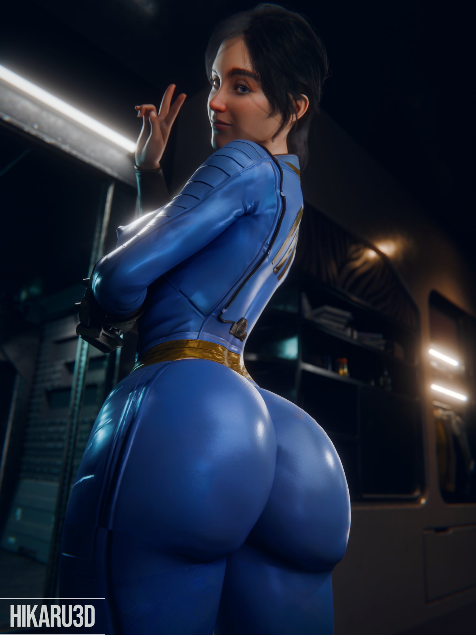 1girls, 3d, ass, ass focus, back view, bethesda softworks, big ass, breasts, erect nipples, erect nipples under bodysuit, erect nipples under clothes, fallout, female, female only, hikaru3d, huge ass, nipples, skin tight, solo, solo female, vault girl, vault suit