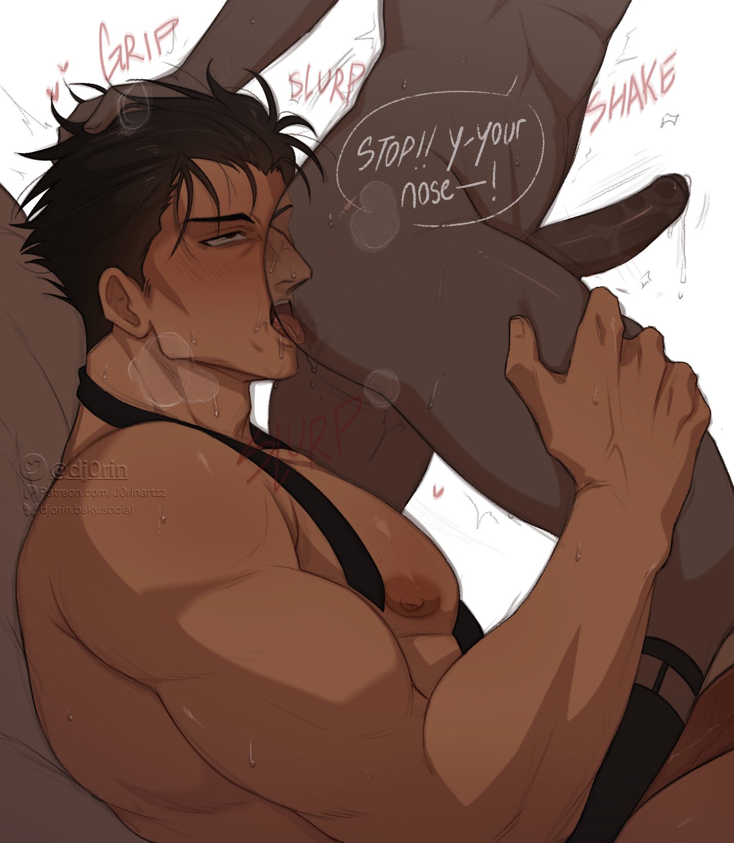 2boys, anonymous male, big nose, d1rtyj0rin, erection, gay, gay oral, gay sex, hiromi higuruma, j0rinartzz (d1rty jorin), jujutsu kaisen, male only, muscular male, oral, precum