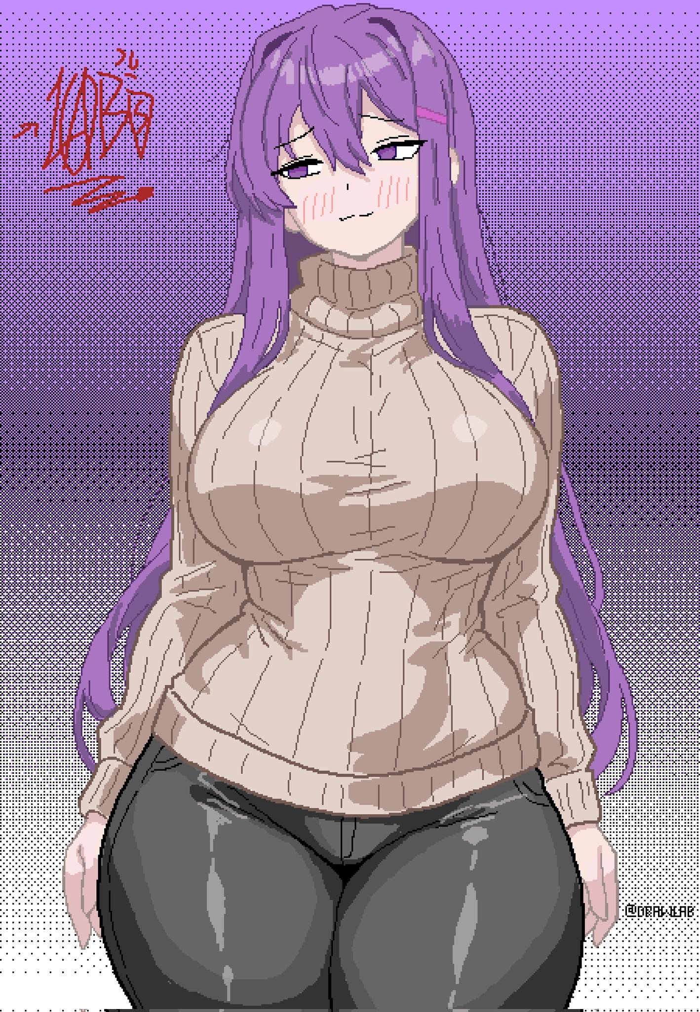 alternate breast size (larger), artist logo, artist name, black pants, blush, breasts, brown sweater, doki doki literature club, drawlab33t, female, female only, hair between eyes, hair ornament, hairclip, highres, large breasts, light smile, logo, long hair, official alternate costume, pants, pixel art, purple eyes, purple hair, ribbed sweater, sweater, thick thighs, thighs, turtleneck, turtleneck sweater, yuri (doki doki literature club)