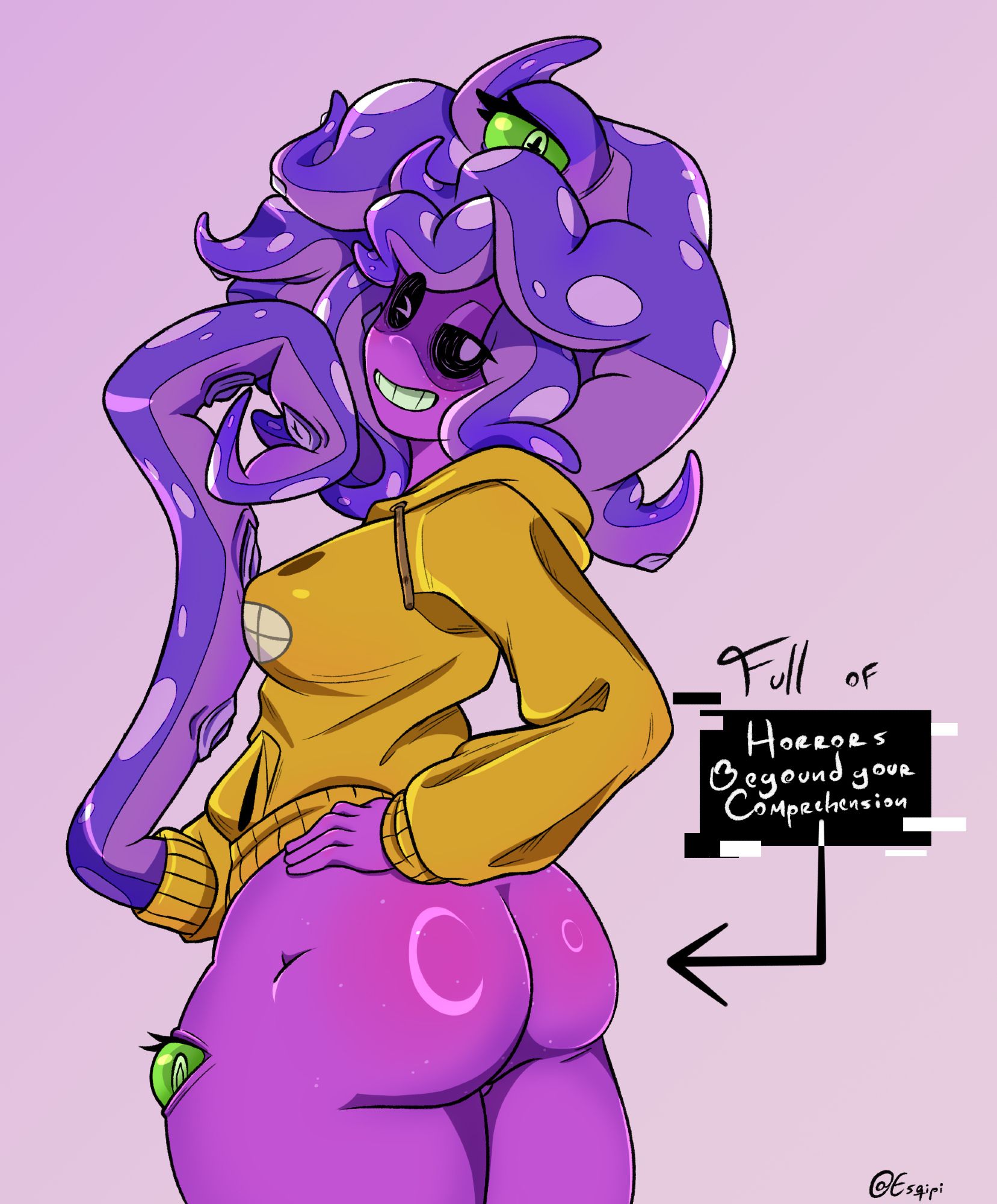 esqipi, fat ass, female, green eyes, hoodie, monster prom, purple skin, tagme, tentacle, trans woman, trans woman (lore), transgender, zoe (monster prom)