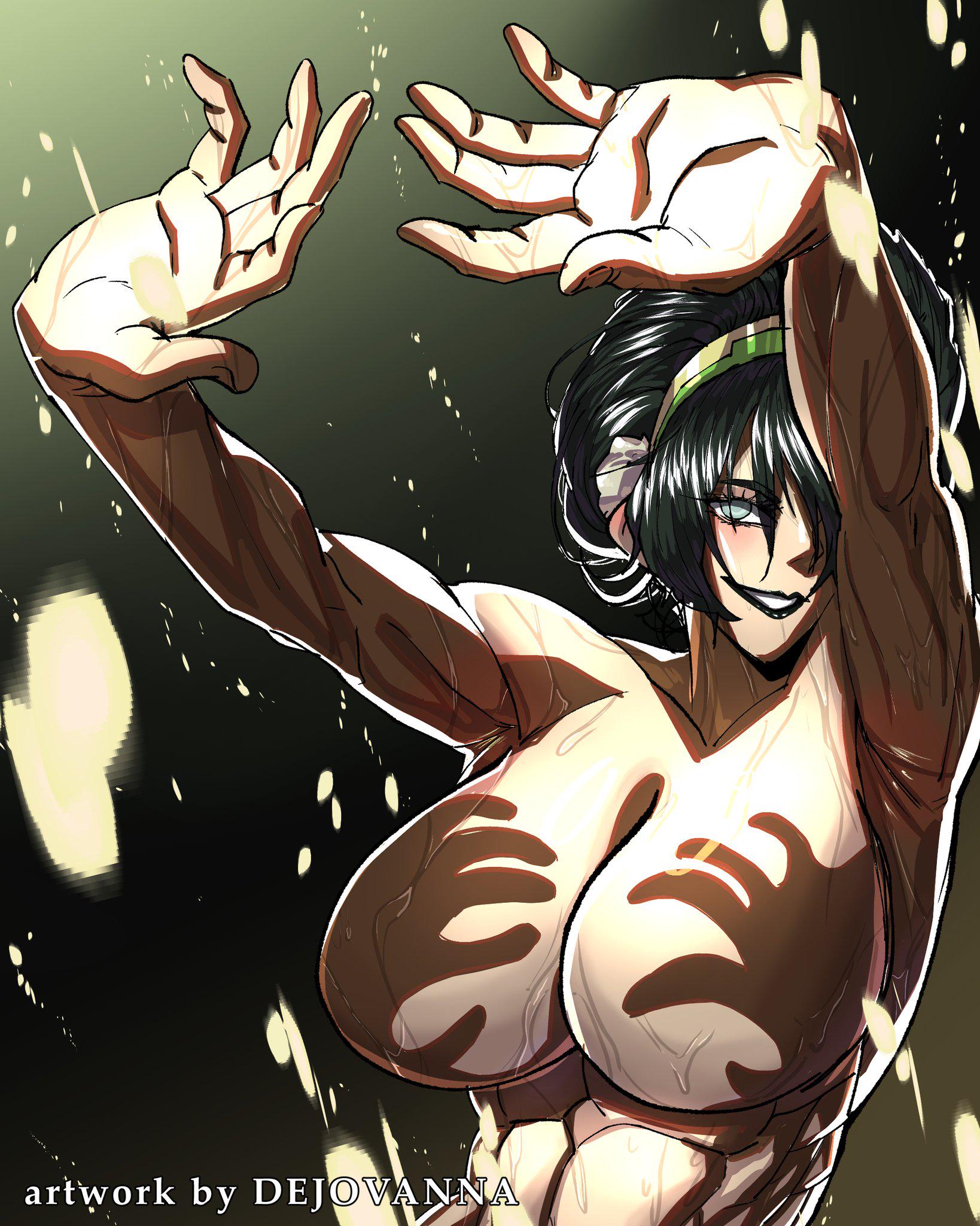 1girls, abs, artist name, athletic, athletic female, avatar the last airbender, black hair, blind, breasts, censored nipples, dejovanna, female, female only, fit, fit female, hands casting shadow, headgear, large breasts, light skin, light-skinned female, looking at viewer, messy hair, muscular, muscular female, navel, nickelodeon, nickelodeon animation studio, nude, nude female, shadow, sweat, sweating, the legend of aang, tied hair, toned, toned female, toph bei fong, upper body, voluptuous, watermark, wide hips