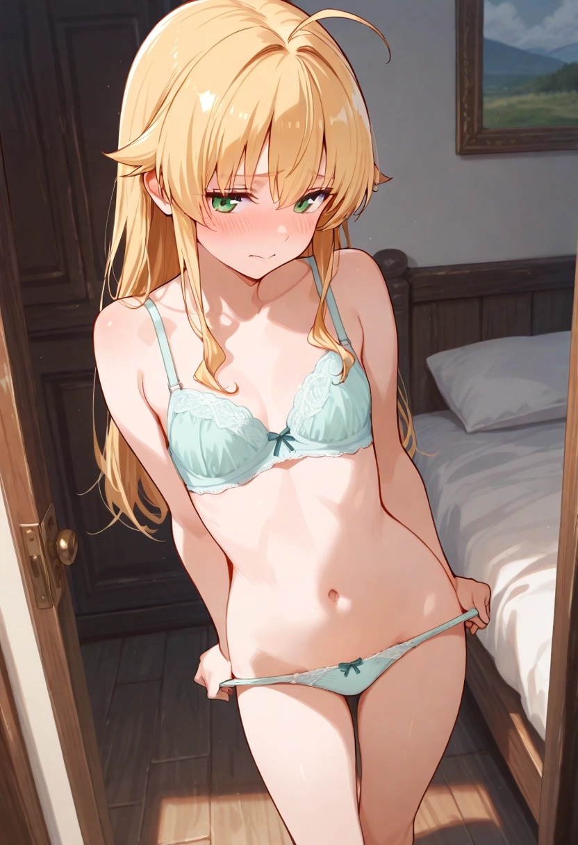 ai generated, blonde hair, blushing, bra, cute, female, female only, green eyes, holding panties, kilaqqq, long hair, looking down, mushoku tensei, norn greyrat, panties, slim, small breasts