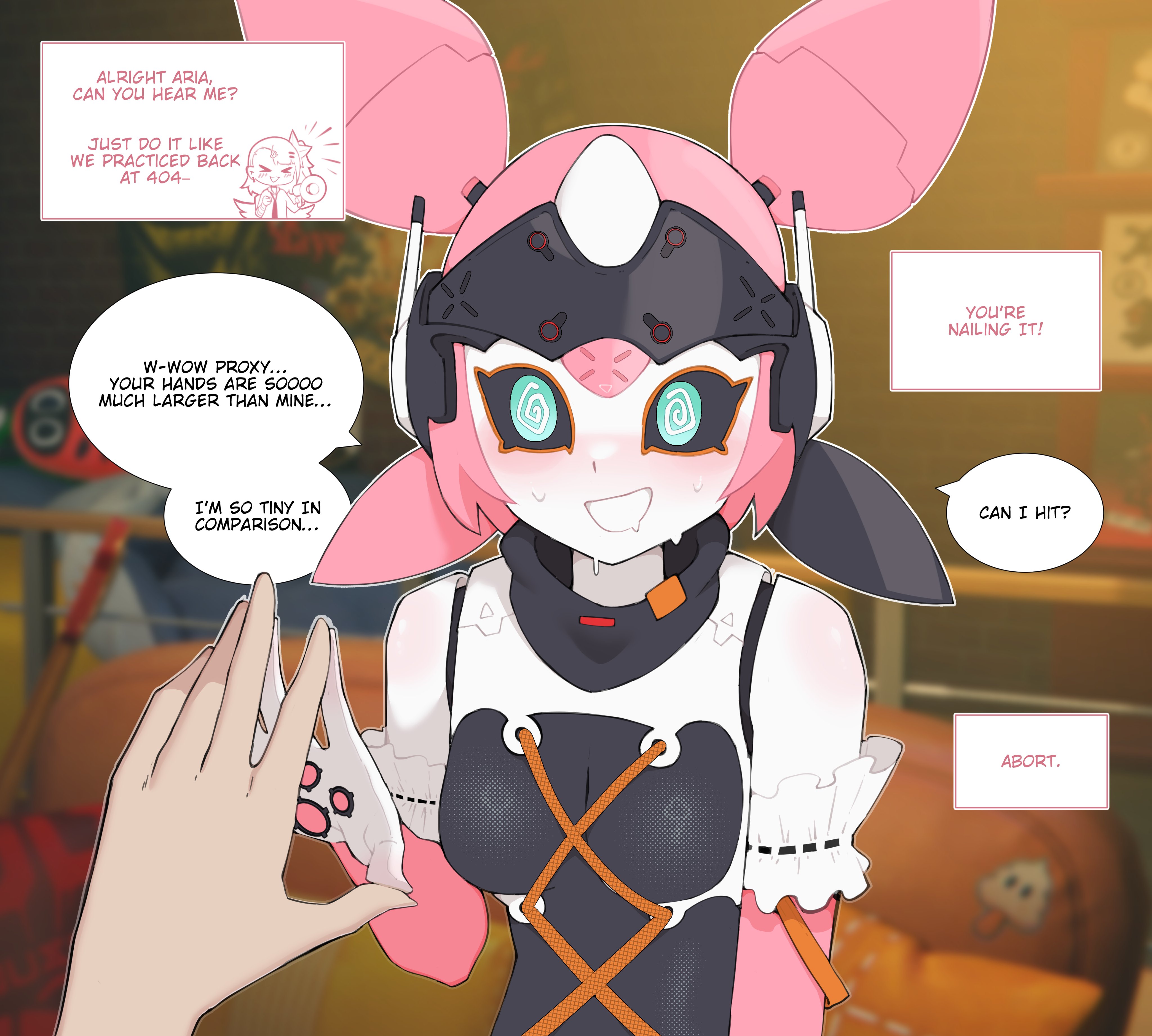 1boy, 1girls, absurd res, angels of delusion, aria (zenless zone zero), aria (zenless zone zero) (robot form), blurry background, blush, dialogue, english text, female, female focus, funny, green eyes, light skin, light-skinned male, looking at viewer, luxurias, male, male pov, mihoyo, pov, pov eye contact, robot, robot girl, smiling, smiling at viewer, speech bubble, sweating, talking to viewer, text box, wise (zenless zone zero), zenless zone zero