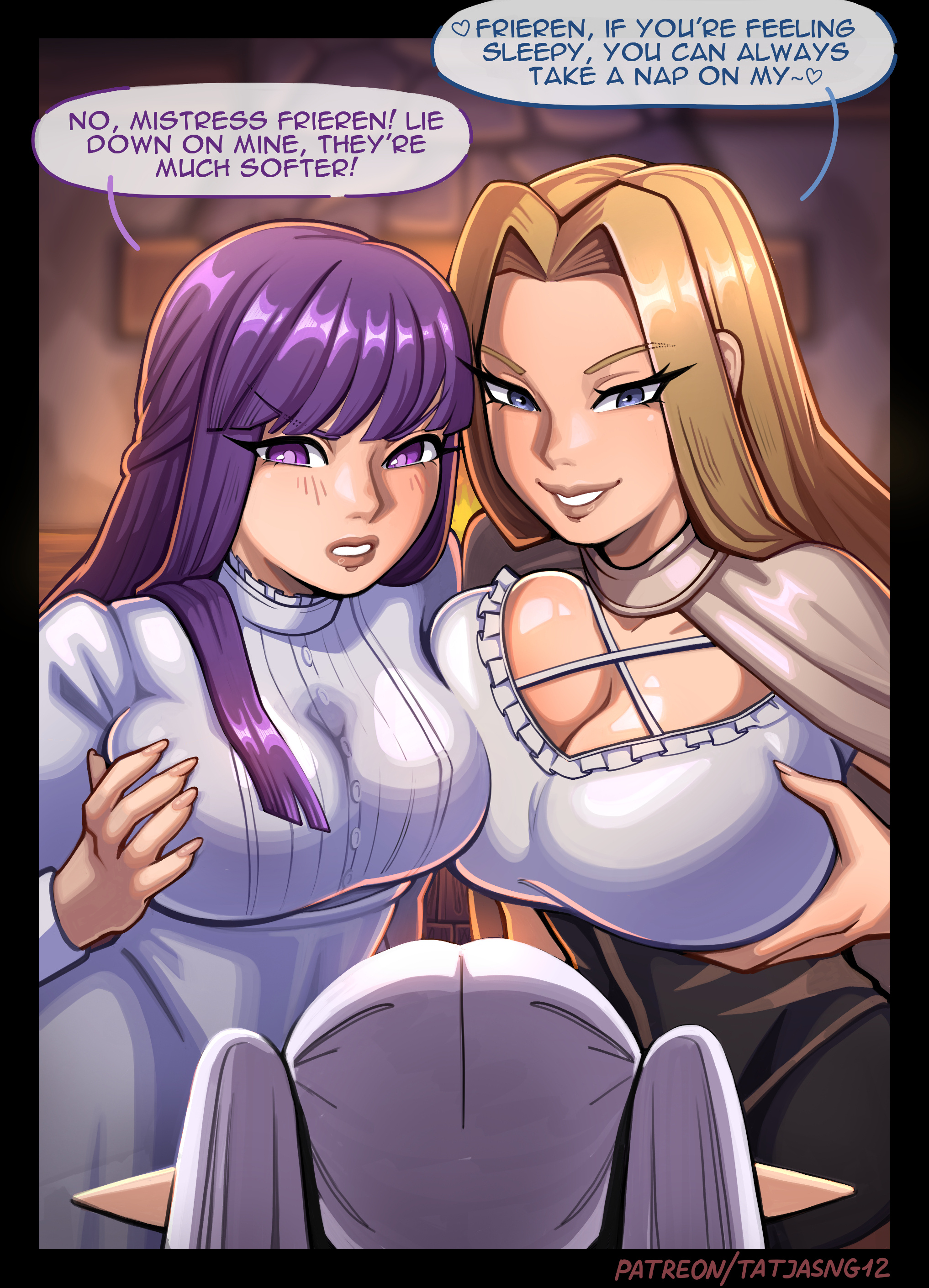 3girls, absurdres, blonde hair, breasts, brown cape, cape, cleavage, commentary, elf, english commentary, english text, female, female only, female/female, fern (sousou no frieren), forehead, frieren, grey eyes, highres, imminent sex, large breasts, lesbian, long hair, looking at another, methode (sousou no frieren), multiple girls, pointy ears, purple eyes, purple hair, robe, smile, sousou no frieren, speech bubble, talking, tatjasng12, twintails, white hair, white robe, yuri
