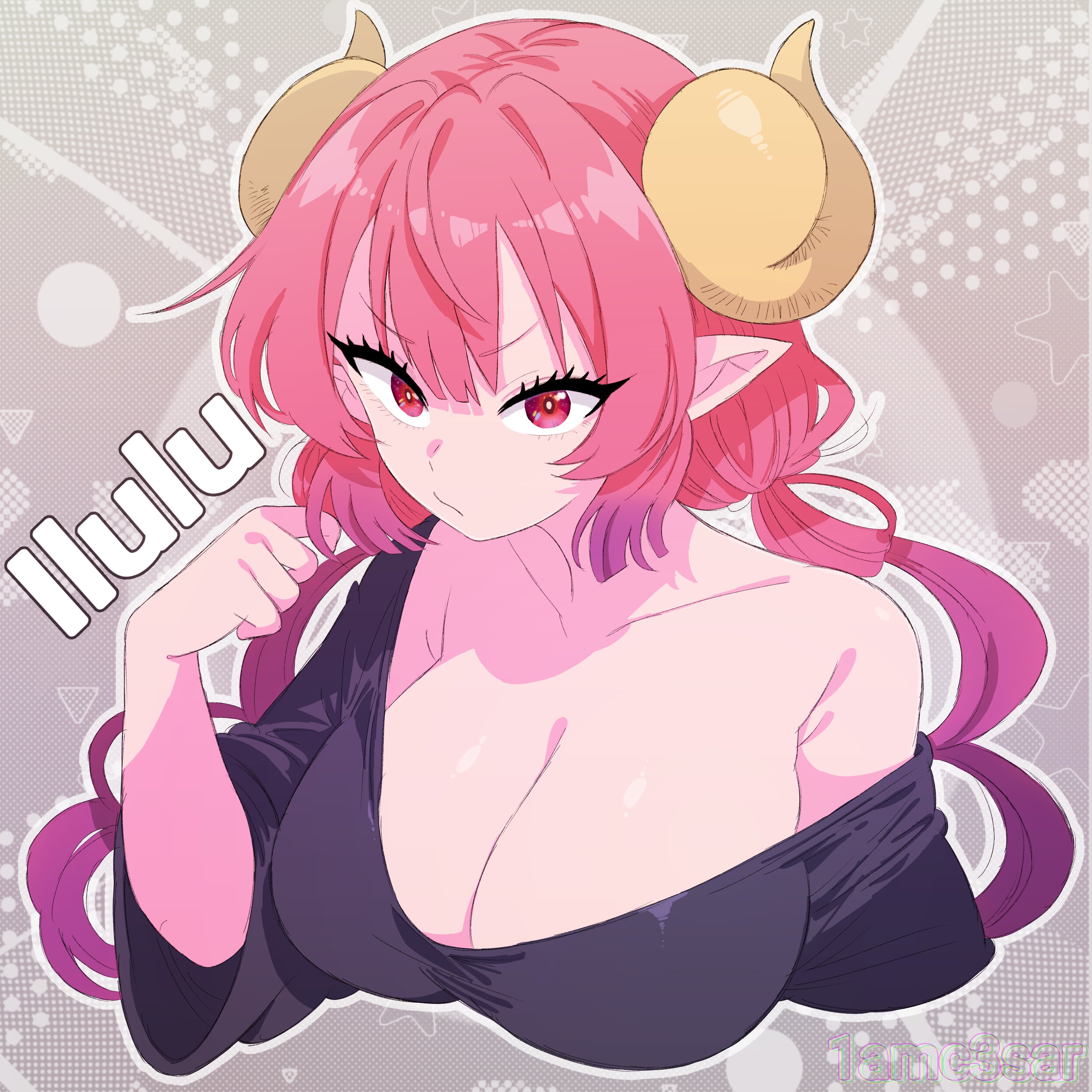 1am c3sar, 1girl, absurdres, alternate breast size (smaller), big breasts, black shirt, breasts, character name, cleavage, closed mouth, collarbone, commentary, curled horns, dragon girl, dragon horns, female, female only, gradient hair, highres, horns, ilulu (maidragon), kobayashi-san chi no maidragon, large breasts, looking at viewer, multicolored hair, oversized clothes, oversized shirt, pink hair, pointy ears, purple hair, red eyes, shirt, solo, yellow horns