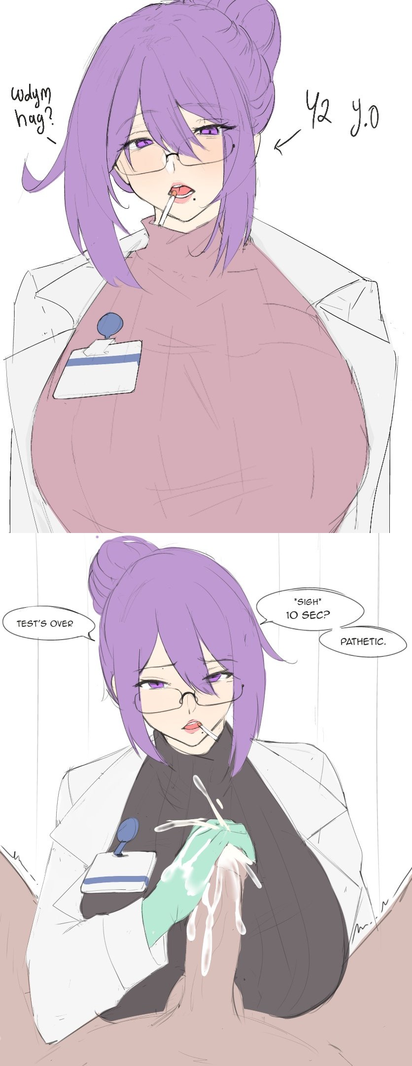 2d, artist name, artist request, bangs, blush, blushing, castellooooo , cigarette, cigarette in mouth, cum, cum drip, cum on hand, doctor, ejaculation, explosive cum, explosive ejaculation, glasses, gloves, hag, handjob, huge breasts, large breasts, medical gloves, milf, milking, oc, purple hair, tagme, talking, talking to viewer, text, tied hair, voluptuous, voluptuous body, voluptuous female, white background