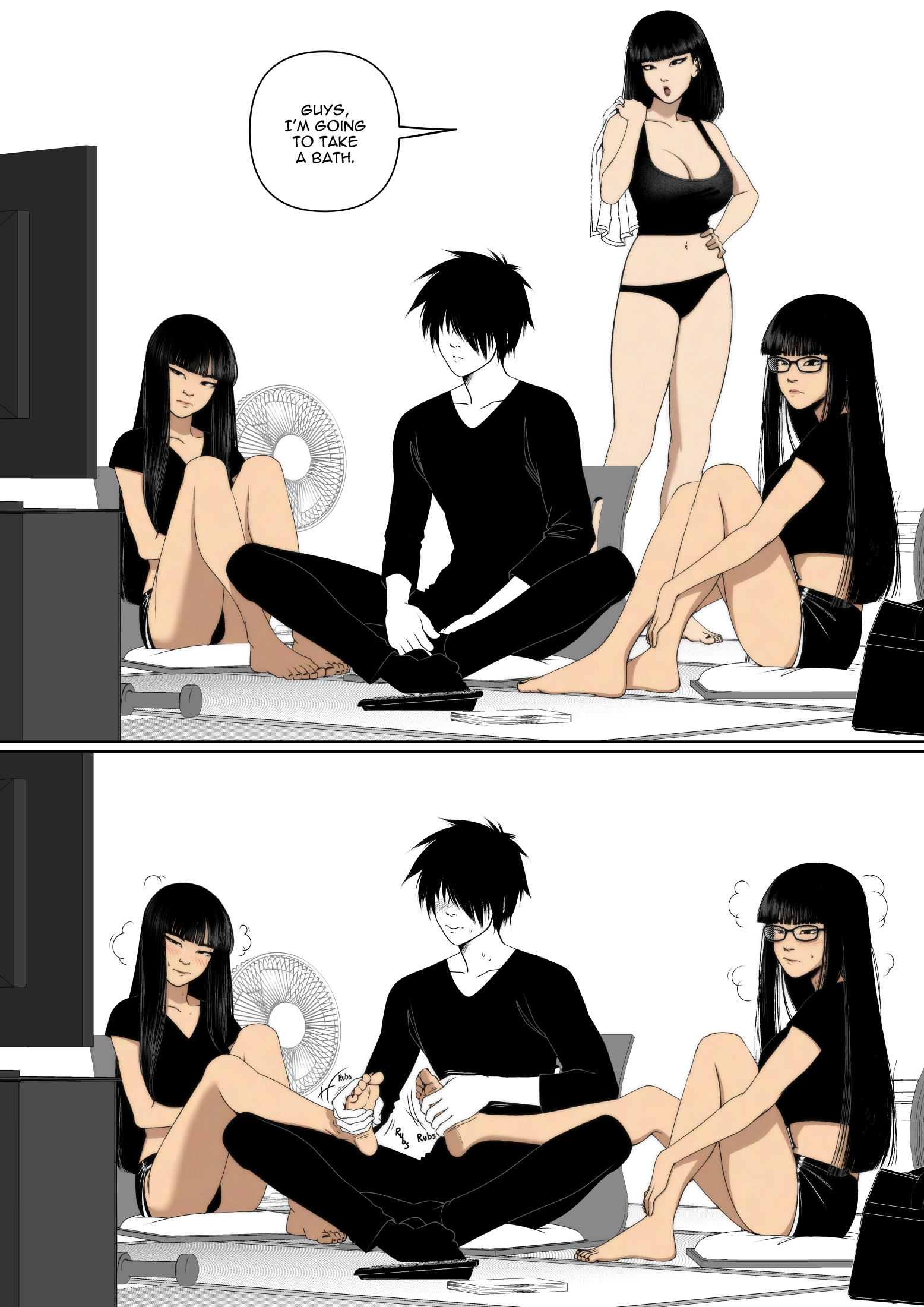 1boy, 3girls, asian female, barefoot, belly, black hair, bra, feet, foot fetish, foot massage, foot rub, glasses, kusujinn, mother, older female, painted nails, painted toenails, panties, tagme, tied to twins, toes, underwear only, white skinned female