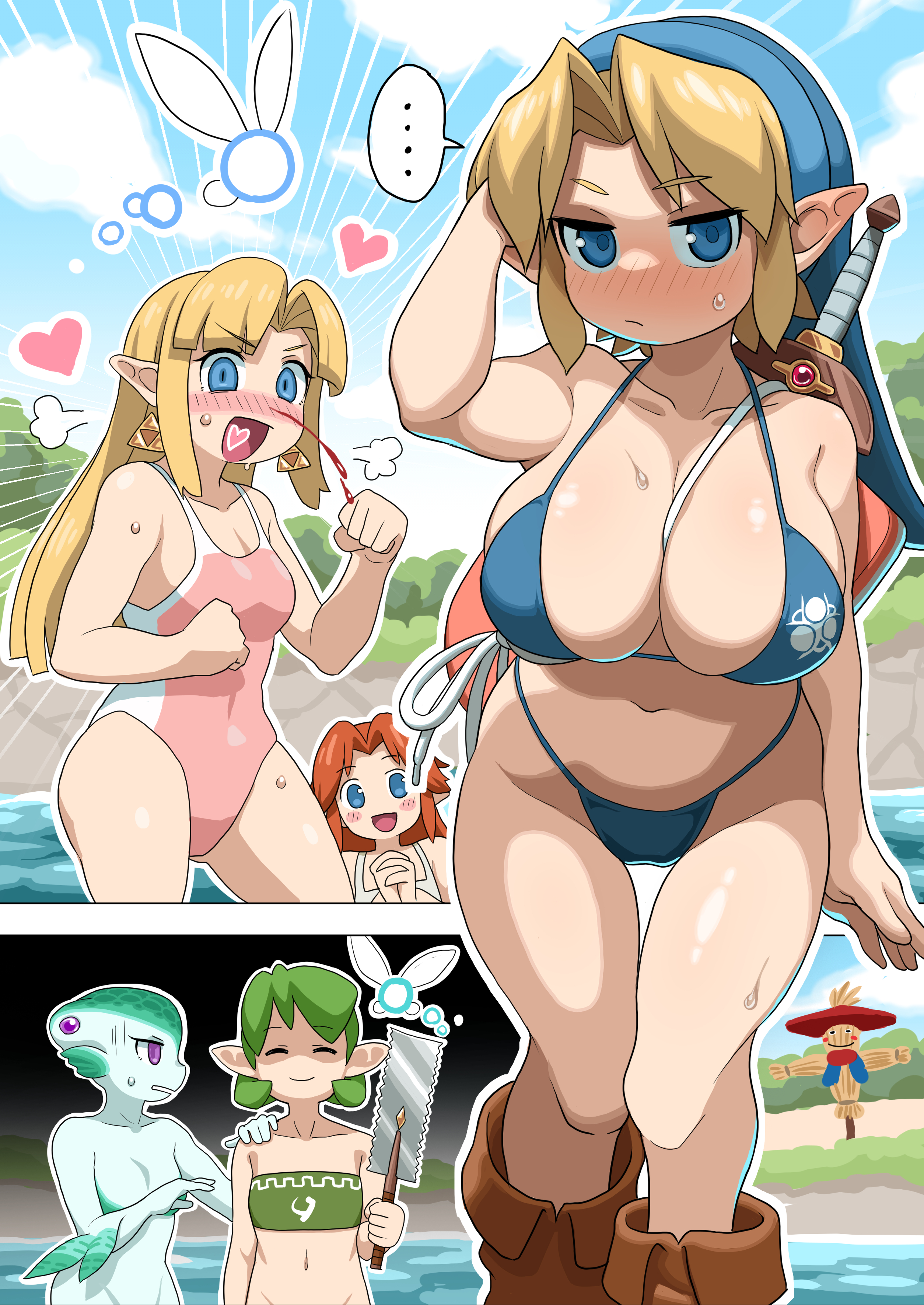 5girls, bikini, blonde hair, blush, fairy (zelda), female, female only, genderswap, genderswap (mtf), large breasts, link, malon, nintendo, ocarina of time, princess ruto, princess zelda, rule 63, saria, saw, swimsuit, the legend of zelda, yamagami tadashi, young link