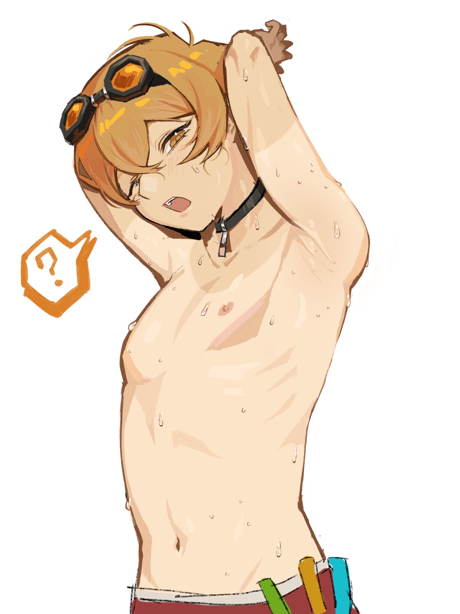 2026, areola, areolae, armpits, arms up, blonde hair, gay, koro berry, limbus company, male, male focus, male only, mouth open, nipples, nude, partially nude, project moon, shirtless, short hair, sinclair (limbus company), stomach, tagme
