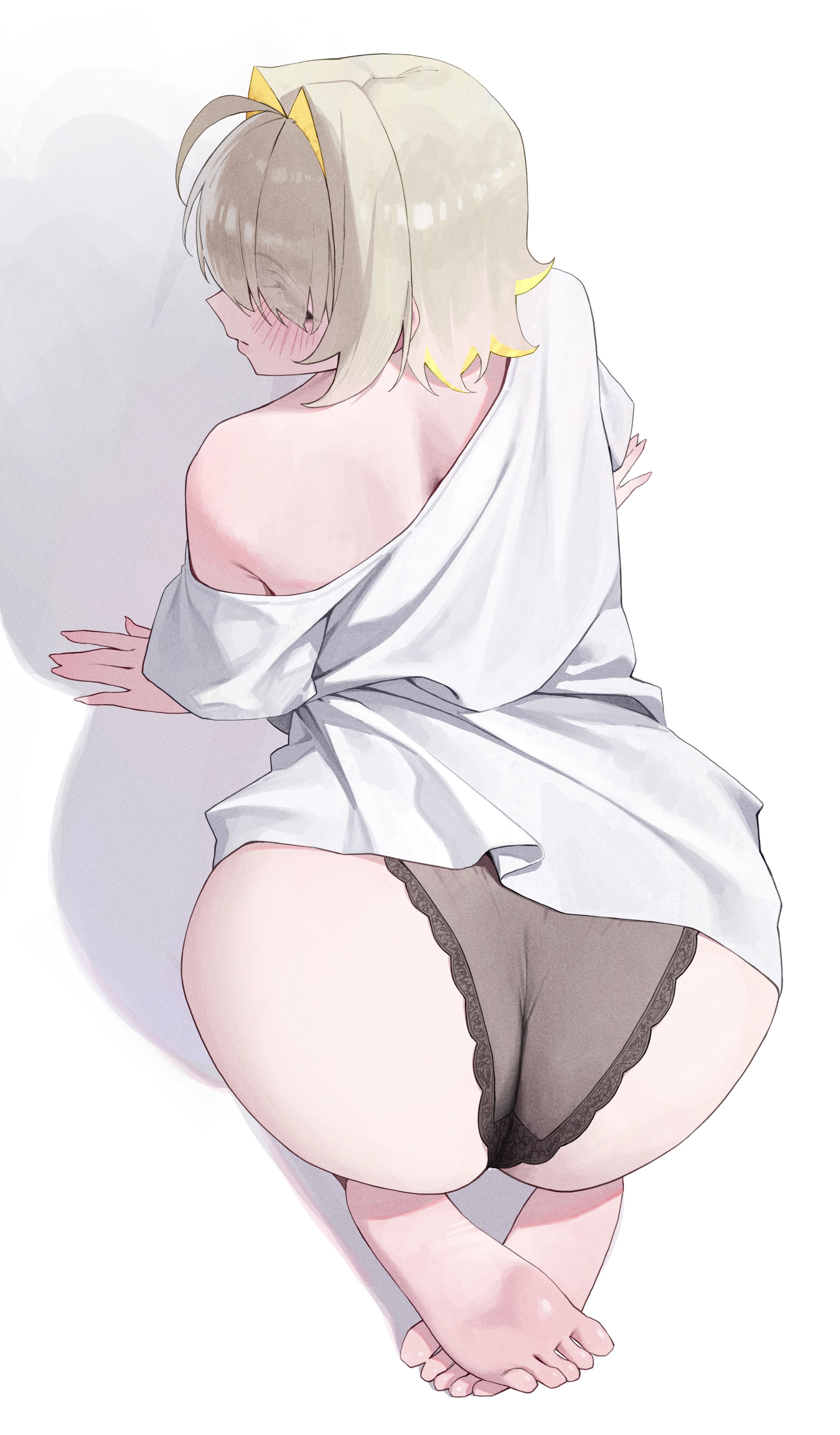 1girls, ass, ass focus, elegg (nikke), female, female focus, female only, goddess of victory: nikke, large ass, looking at viewer, looking back, nick7, solo, white background, wide hips