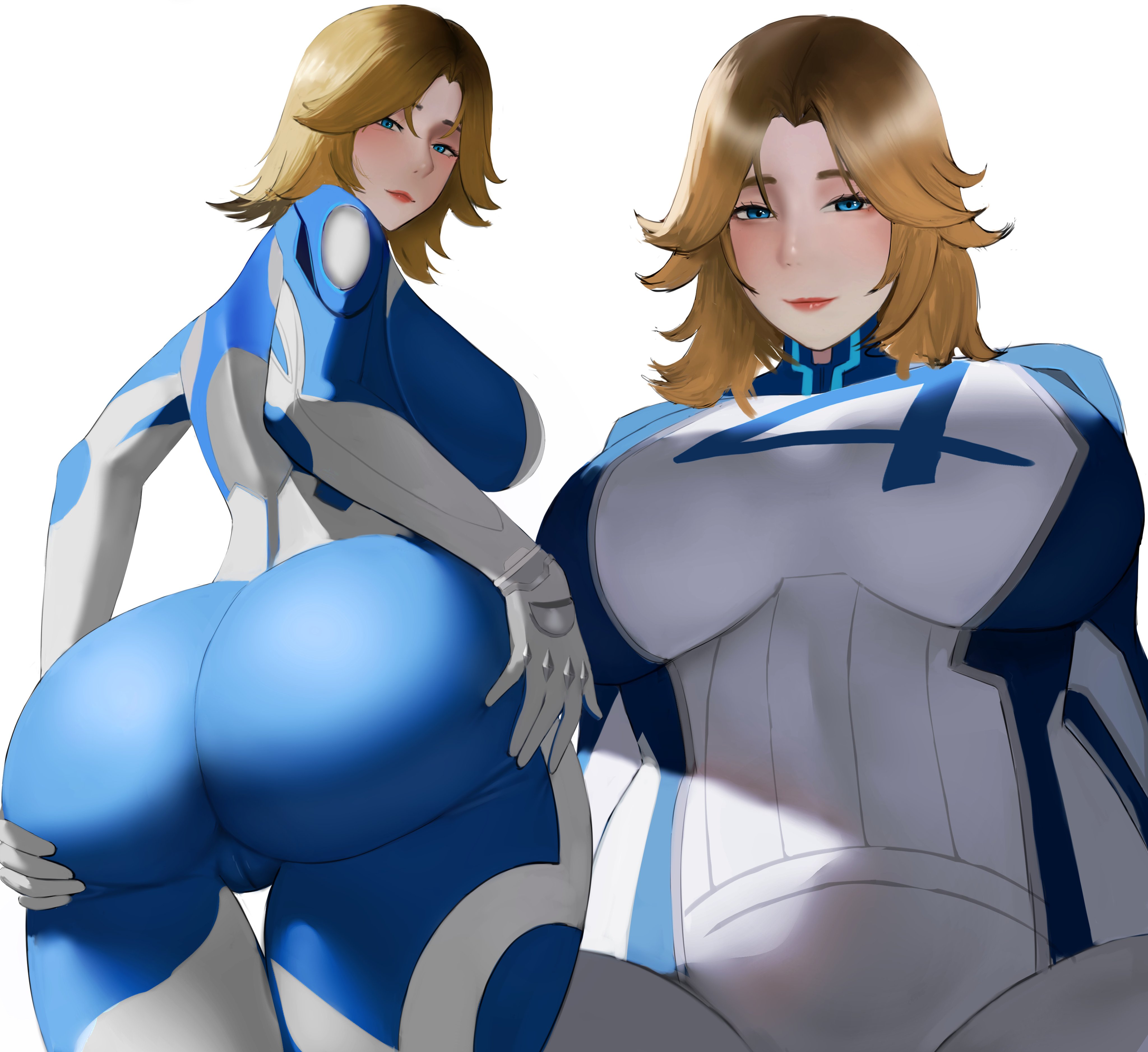 1girl, 2d, ass, big ass, big breasts, blonde hair, blue eyes, blush, bodysuit, breasts, cameltoe, fantastic four, female, female only, from behind, invisible woman, invisible woman (marvel rivals), large breasts, linllyn, lips,, looking at viewer, marvel, marvel comics, marvel rivals, short hair, solo, sue storm