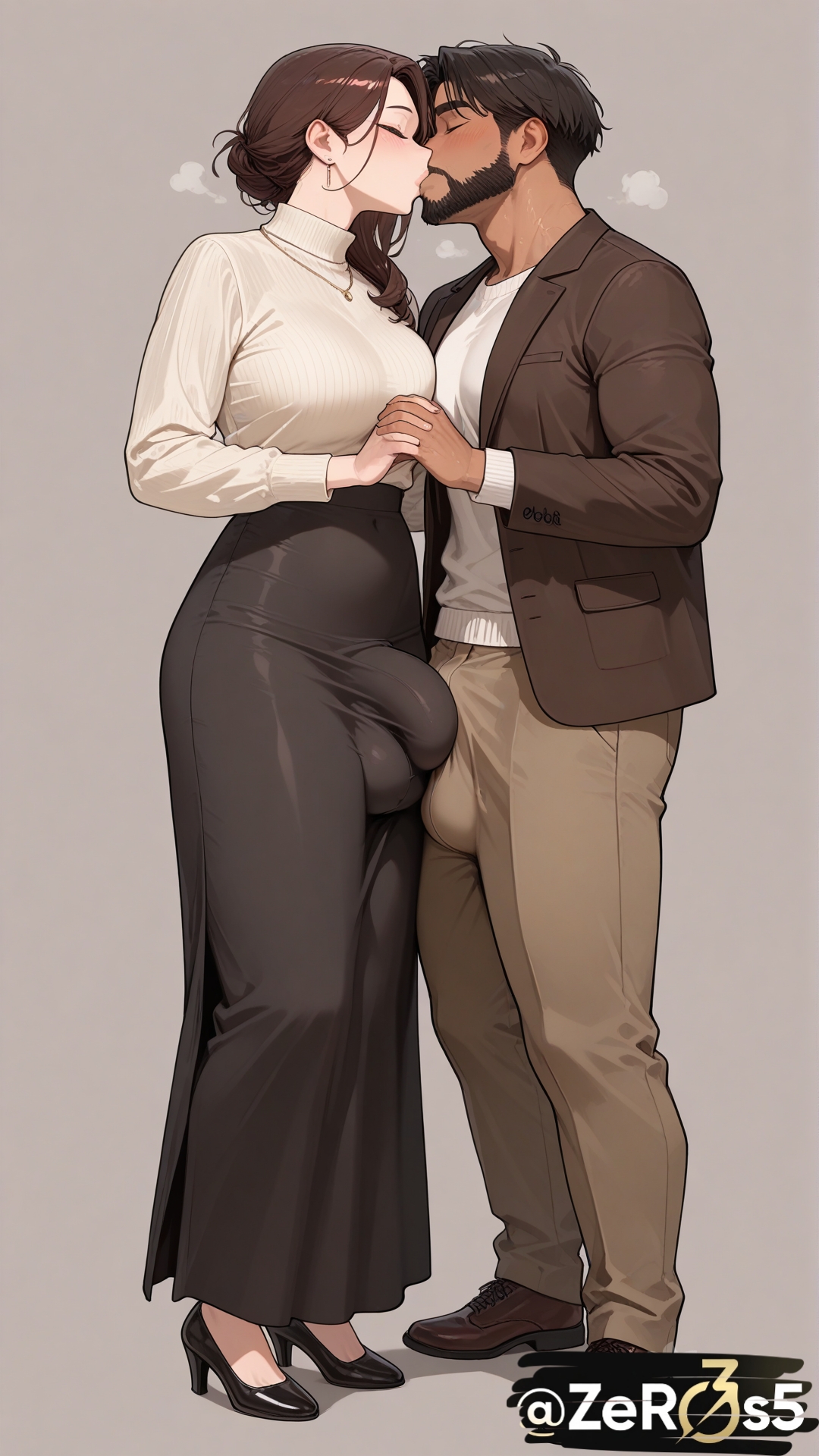 , 1futa, ai generated, big balls, big breasts, big penis, bulge, bulge through clothing, comparing penis, couple, flaccid, flaccid penis, futa on male, futa with male, futanari, huge cock, husband and wife, hyper genitalia, kissing, large penis, penis size difference, saggy balls, side view, tight clothing, visible